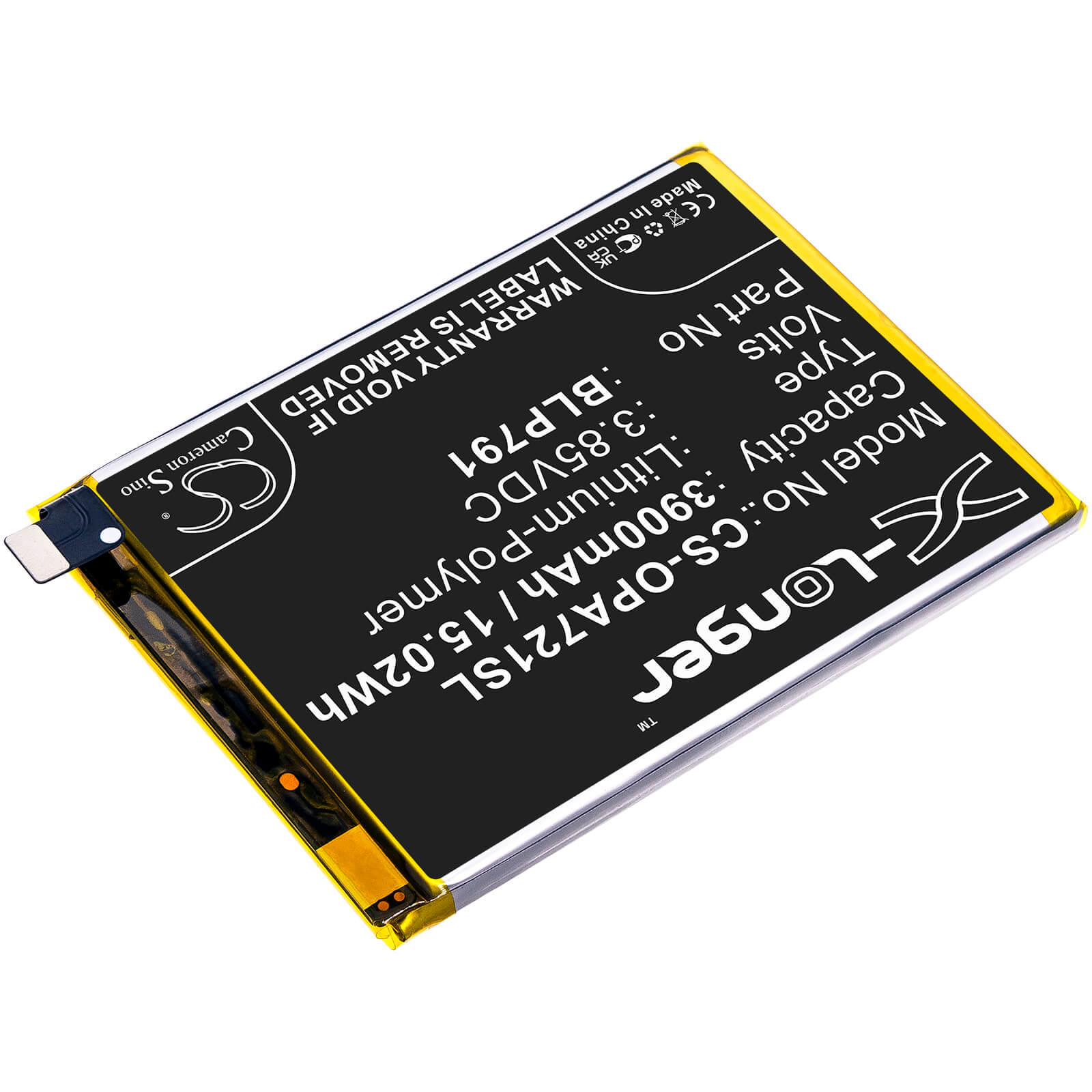 Li-Polymer Battery fits Oppo, A72 5g 2020, A73 5g 2020 3.85V, 3900mAh / 15.02Wh Mobile & SmartPhone Cameron Sino Technology Limited