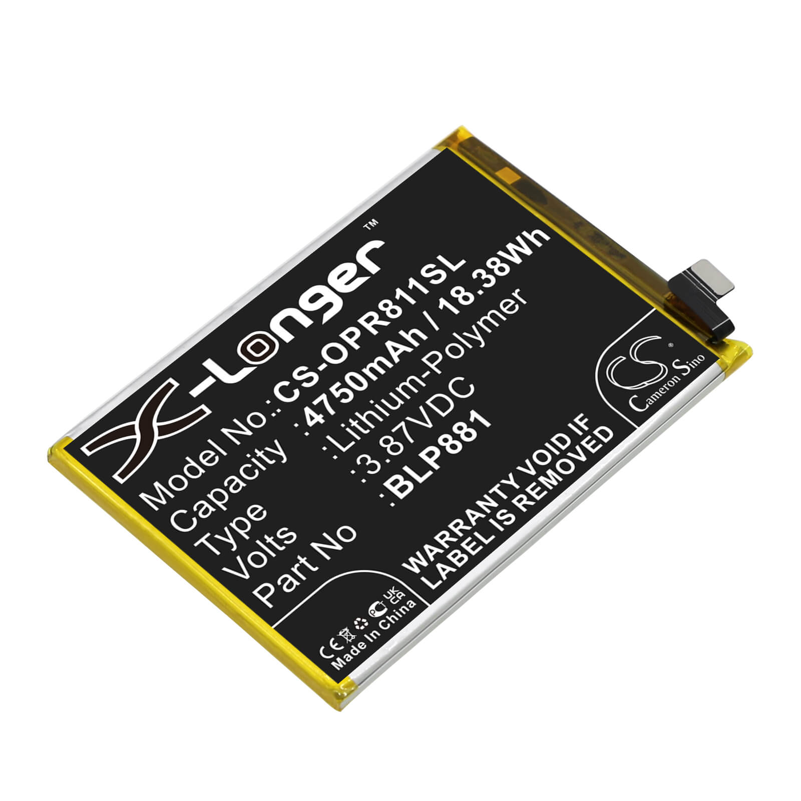 Li-Polymer Battery fits Oppo, Reno 4se, Reno 5k 3.87V, 4750mAh / 18.38Wh Mobile & SmartPhone Cameron Sino Technology Limited