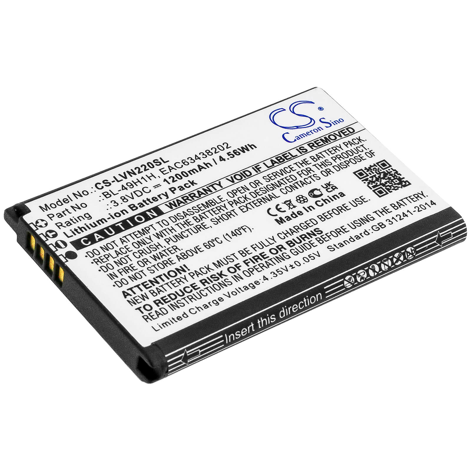 Li-ion Battery fits Lg, Classic Flip, Exalt Lte 4g 3.8V, 1200mAh / 4.56Wh Mobile & SmartPhone Cameron Sino Technology Limited