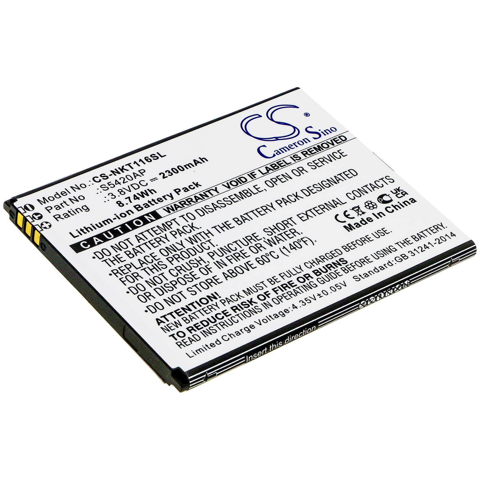 Li-ion Battery fits Nokia, C1 2019, Ta-1165 3.8V, 2300mAh / 8.74Wh Mobile & SmartPhone Cameron Sino Technology Limited
