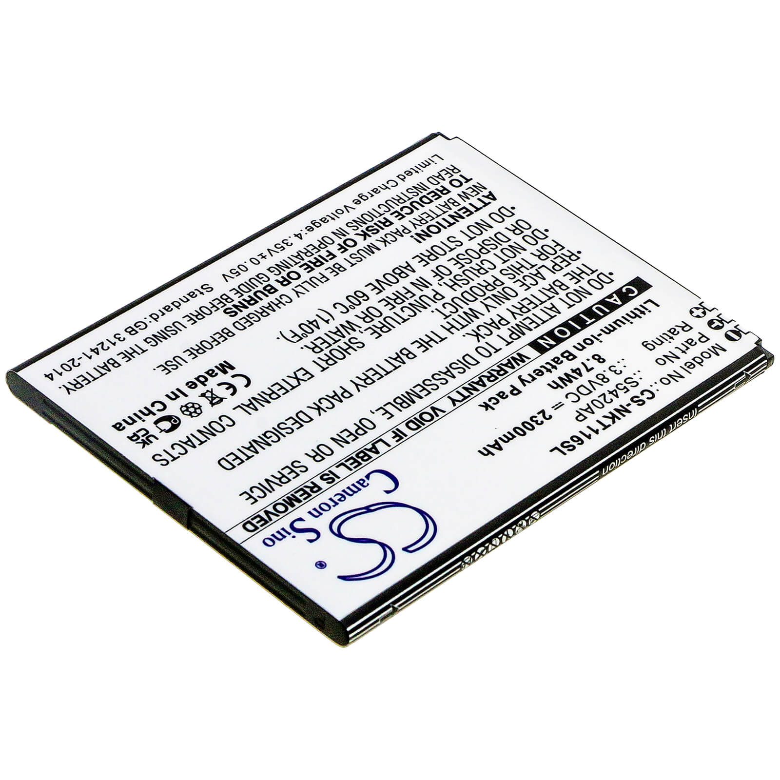 Li-ion Battery fits Nokia, C1 2019, Ta-1165 3.8V, 2300mAh / 8.74Wh Mobile & SmartPhone Cameron Sino Technology Limited