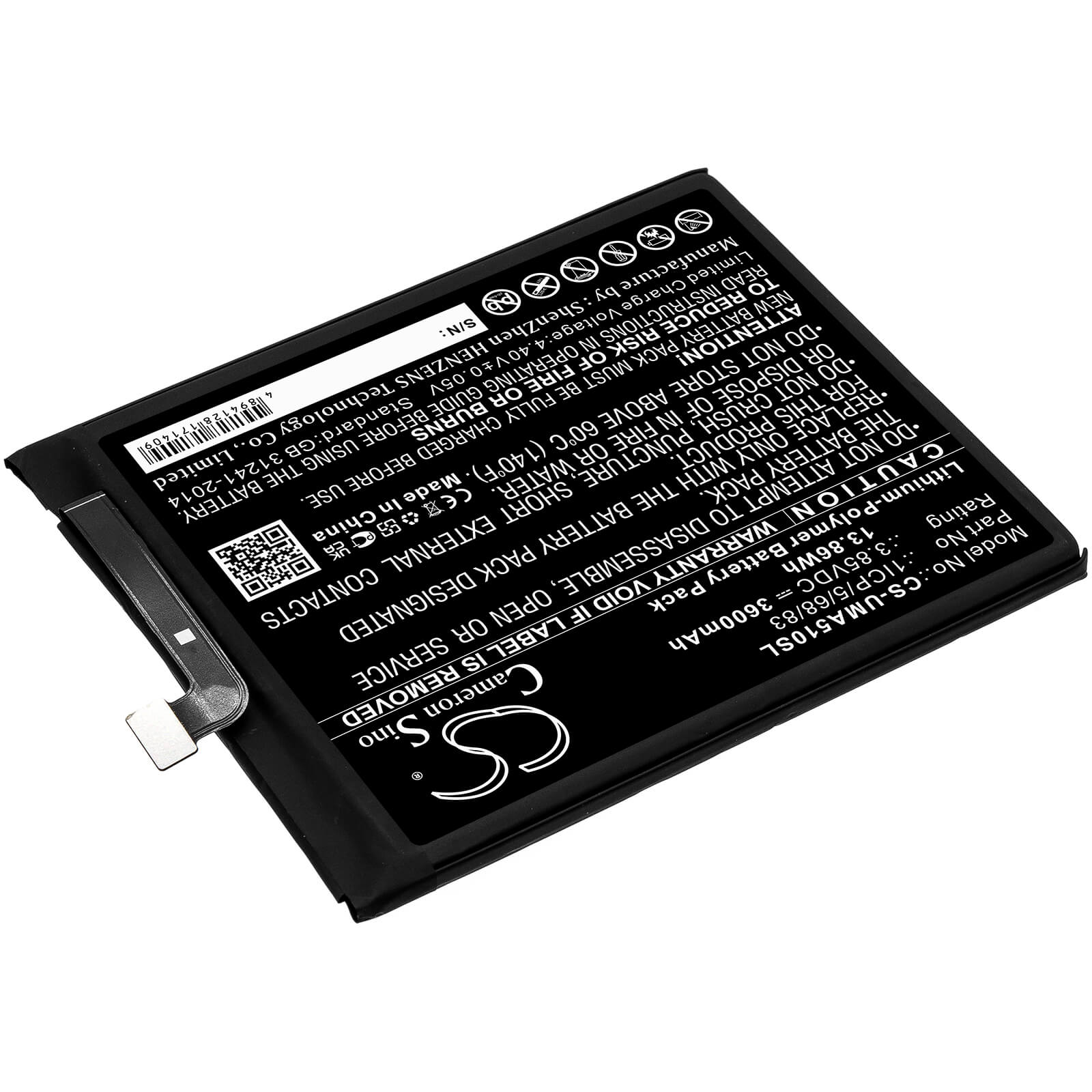 Li-Polymer Battery fits Umi, Umidigi A5 Pro 3.85V, 3600mAh / 13.86Wh Mobile & SmartPhone Cameron Sino Technology Limited