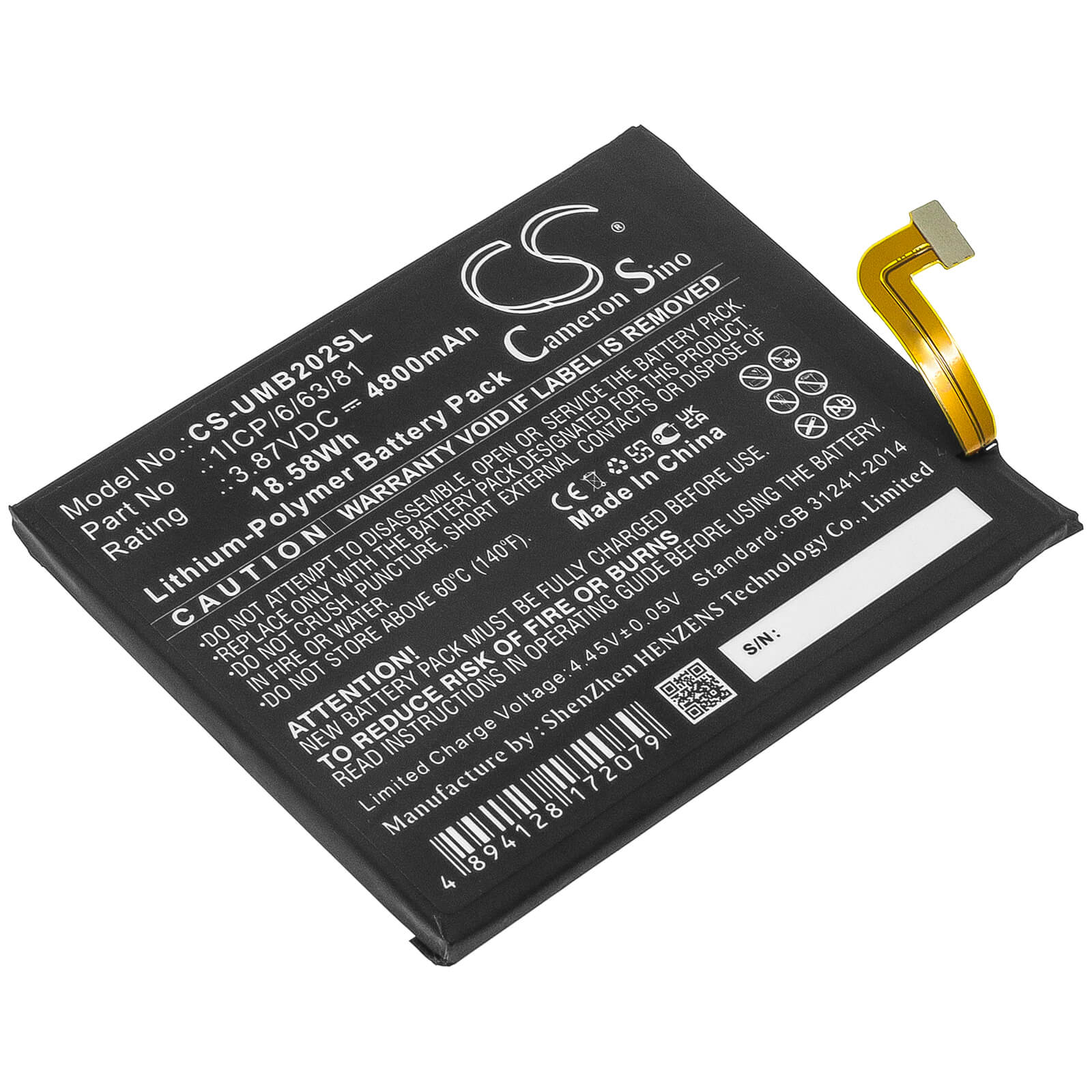 Li-Polymer Battery fits Umi, 2021, Umidigi Bison 3.87V, 4800mAh / 18.58Wh Mobile & SmartPhone Cameron Sino Technology Limited