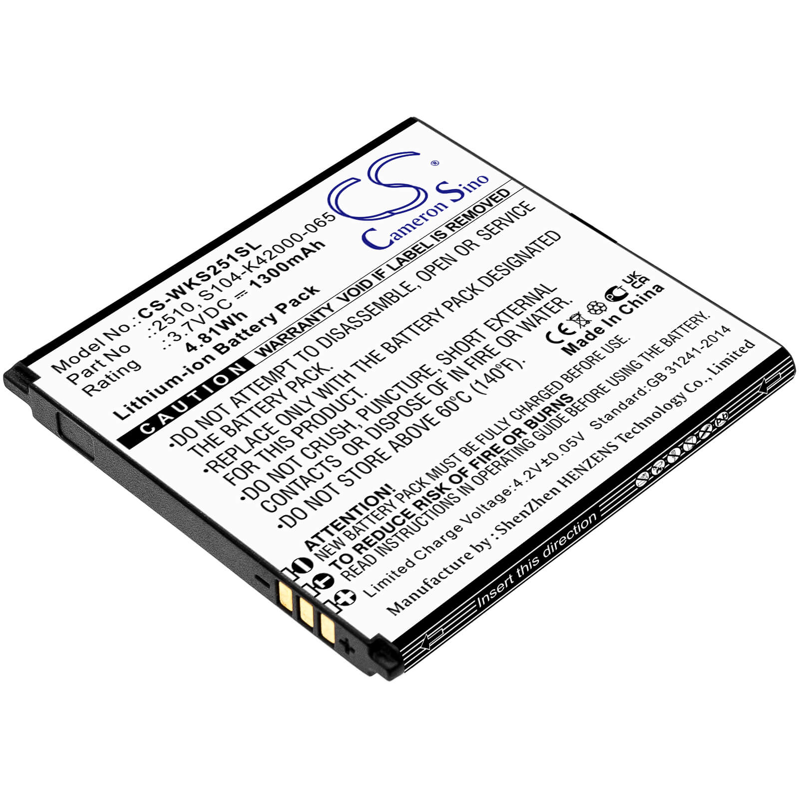 Li-ion Battery fits Wiko, Sunny 2, V2510 3.7V, 1300mAh / 4.81Wh Mobile & SmartPhone Cameron Sino Technology Limited