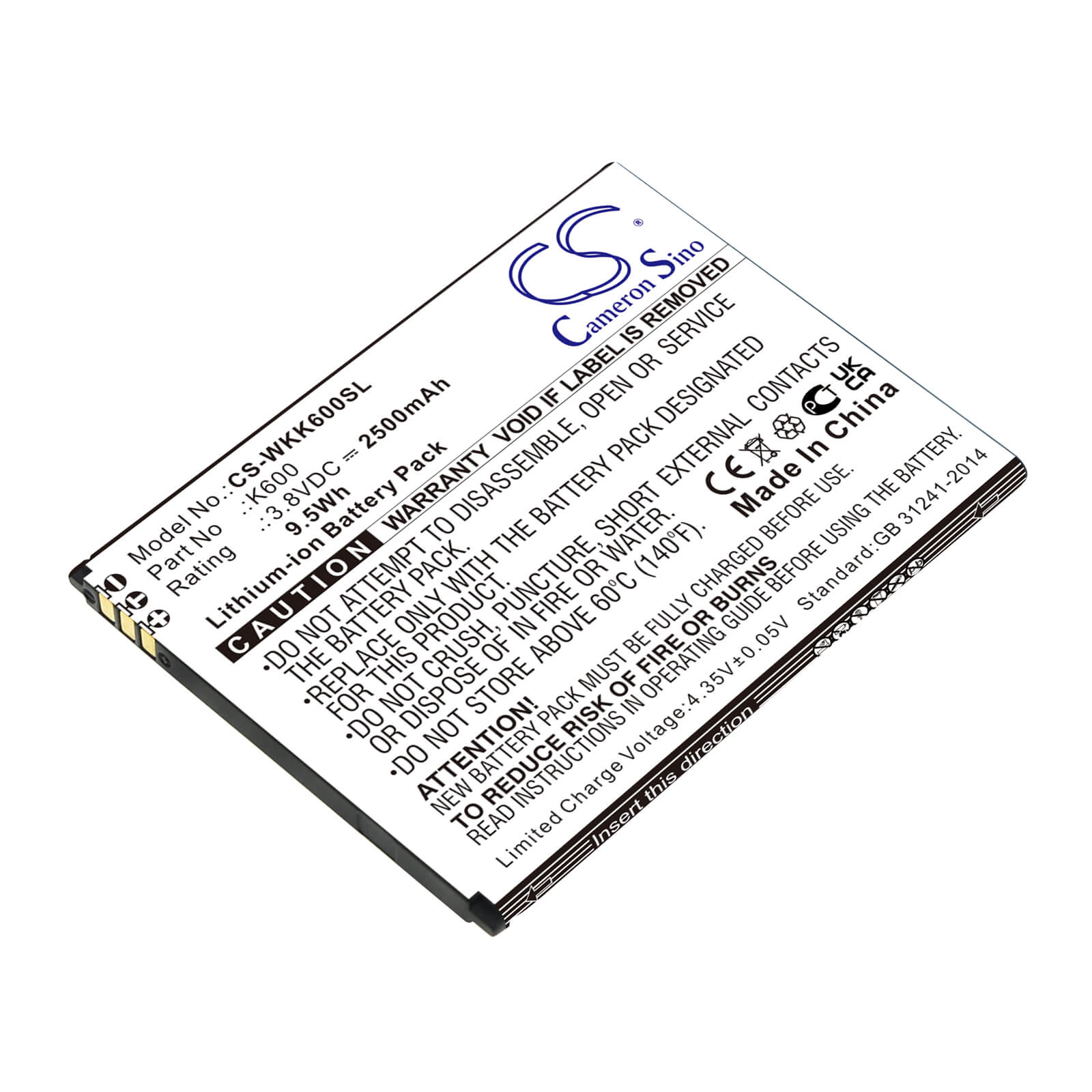 Li-ion Battery fits Wiko, K600, Tommy 3 3.8V, 2500mAh / 9.50Wh Mobile & SmartPhone Cameron Sino Technology Limited