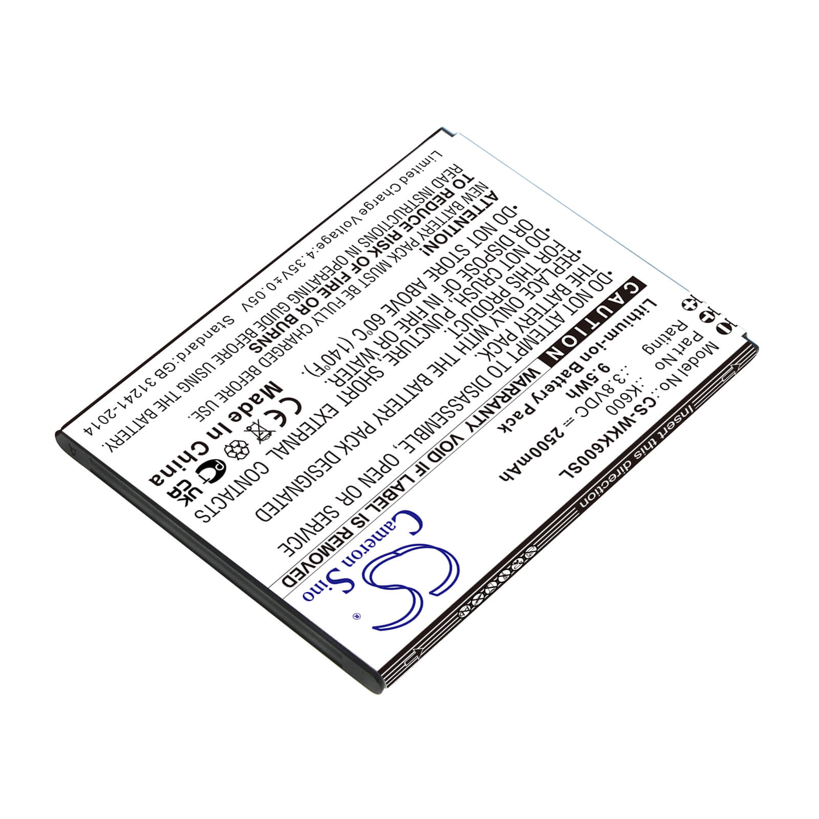 Li-ion Battery fits Wiko, K600, Tommy 3 3.8V, 2500mAh / 9.50Wh Mobile & SmartPhone Cameron Sino Technology Limited