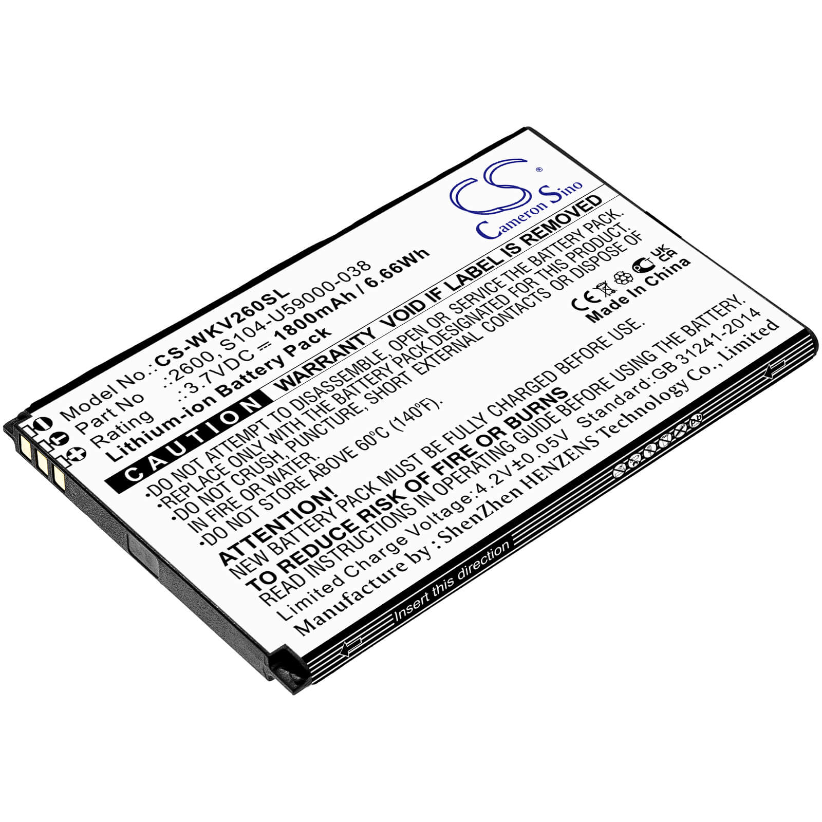 Li-ion Battery fits Wiko, Sunny 2 Plus, V2600 3.7V, 1800mAh / 6.66Wh Mobile & SmartPhone Cameron Sino Technology Limited