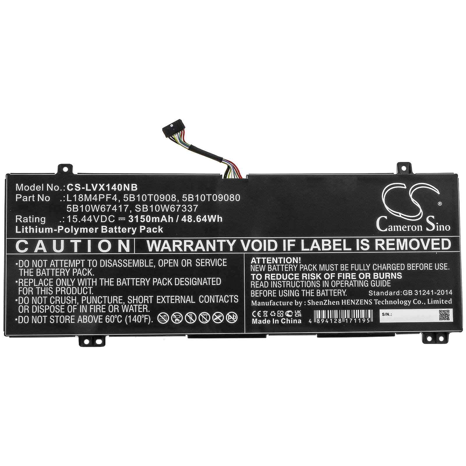 Li-Polymer Battery fits Lenovo, Ideapad S540-14api, Ideapad S540-14iwl 15.44V, 3150mAh / 48.64Wh Notebook & Laptop Cameron Sino Technology Limited