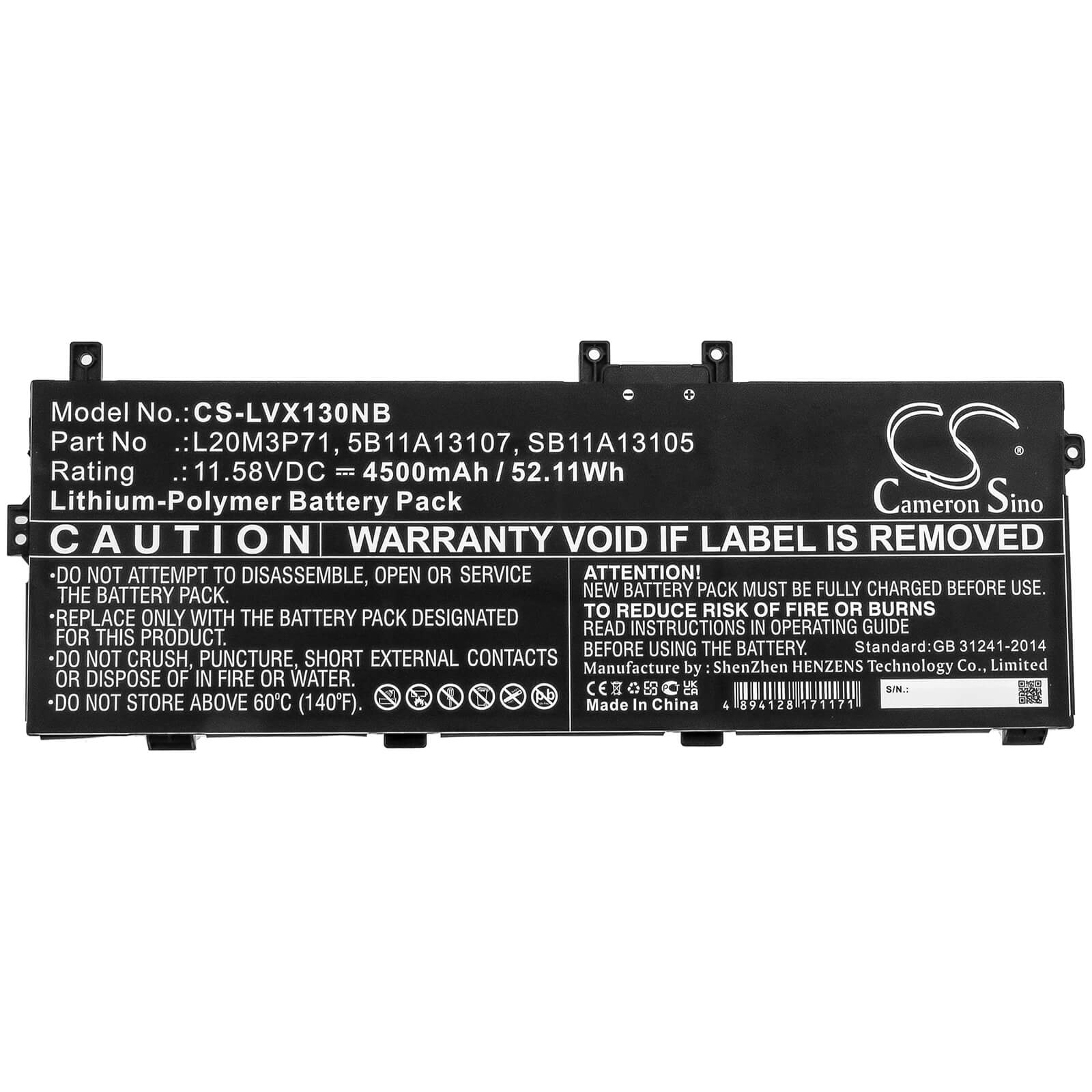 Li-Polymer Battery fits Lenovo, Thinkpad X13 Yoga G2, Thinkpad X13 Yoga G2 20w80007z 11.58V, 4500mAh / 52.11Wh Notebook & Laptop Cameron Sino Technology Limited