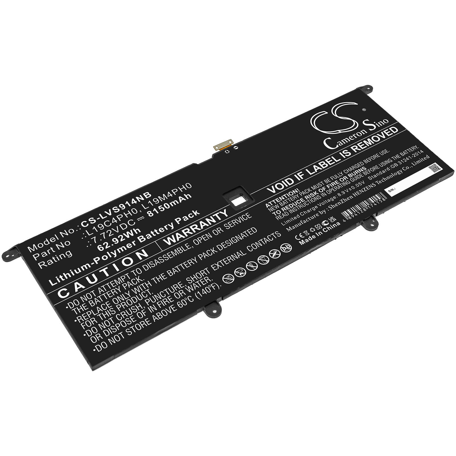 Li-Polymer Battery fits Lenovo, Yoga Slim 9 14itl5 82d10000uk, Yoga Slim 9 14itl5 82d10001uk 7.72V, 8150mAh / 62.92Wh Notebook & Laptop Cameron Sino Technology Limited