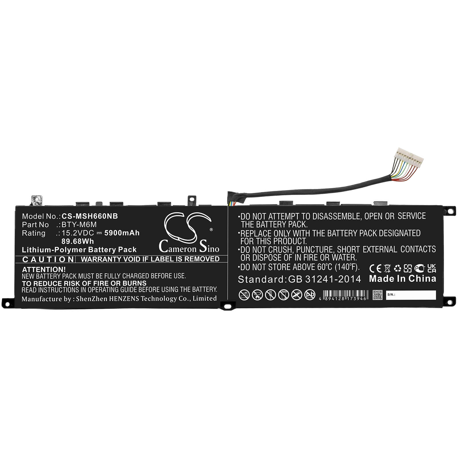 Li-Polymer Battery fits Msi, Creator 15 A10sdt, Creator 15 A10sdt-065es 15.2V, 5900mAh / 89.68Wh Notebook & Laptop Cameron Sino Technology Limited