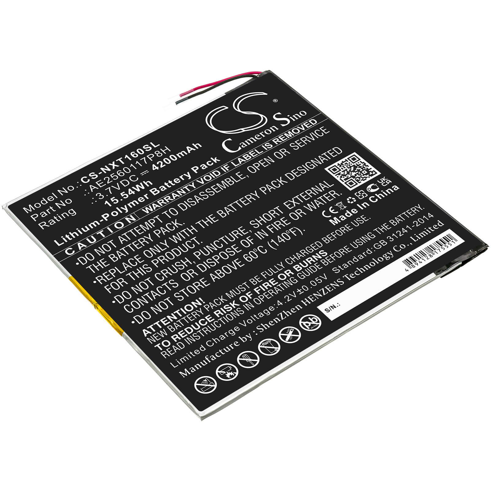 Li-Polymer Battery fits Nextbook, Ares 10a, Nx16a10132sps 3.7V, 4200mAh / 15.54Wh Tablet Cameron Sino Technology Limited