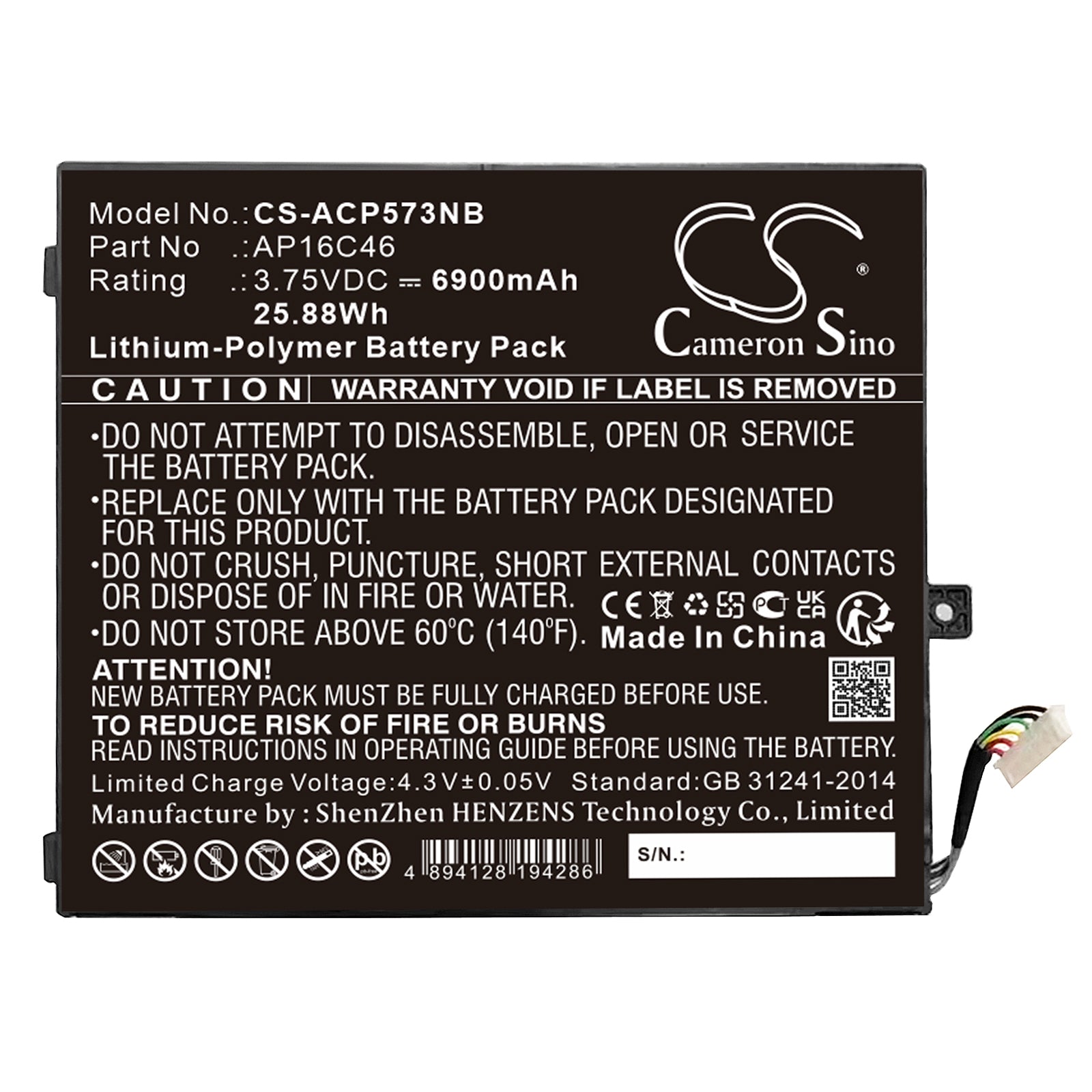 Li-Polymer, Notebook, Laptop Battery fits Acer Aspire E5-573, Interruptor Sw5-017-17bu, 3.75V, 6900mAh Notebook, Laptop Cameron Sino Technology Limited