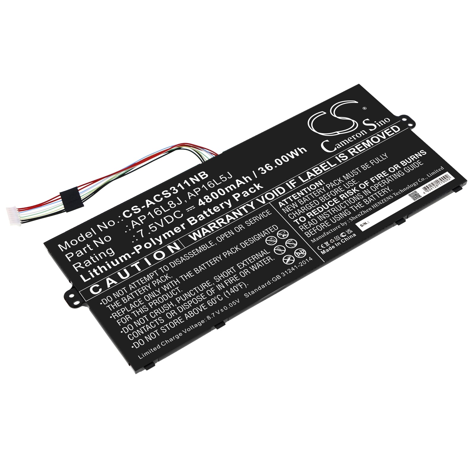 Li-Polymer, Notebook, Laptop Battery fits Acer Chromebook Spin 311 Cp311-2h, Chromebook Spin 311 Cp311-3h, 7.5V, 4800mAh Notebook, Laptop Cameron Sino Technology Limited