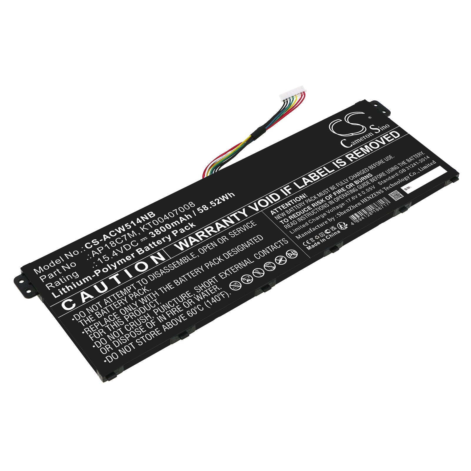 Li-Polymer, Notebook, Laptop Battery fits Acer Conceptd 3 Cn316-73g-729b, Conceptd 3 Cn316-73g-73k5, 15.4V, 3800mAh Notebook, Laptop Cameron Sino Technology Limited