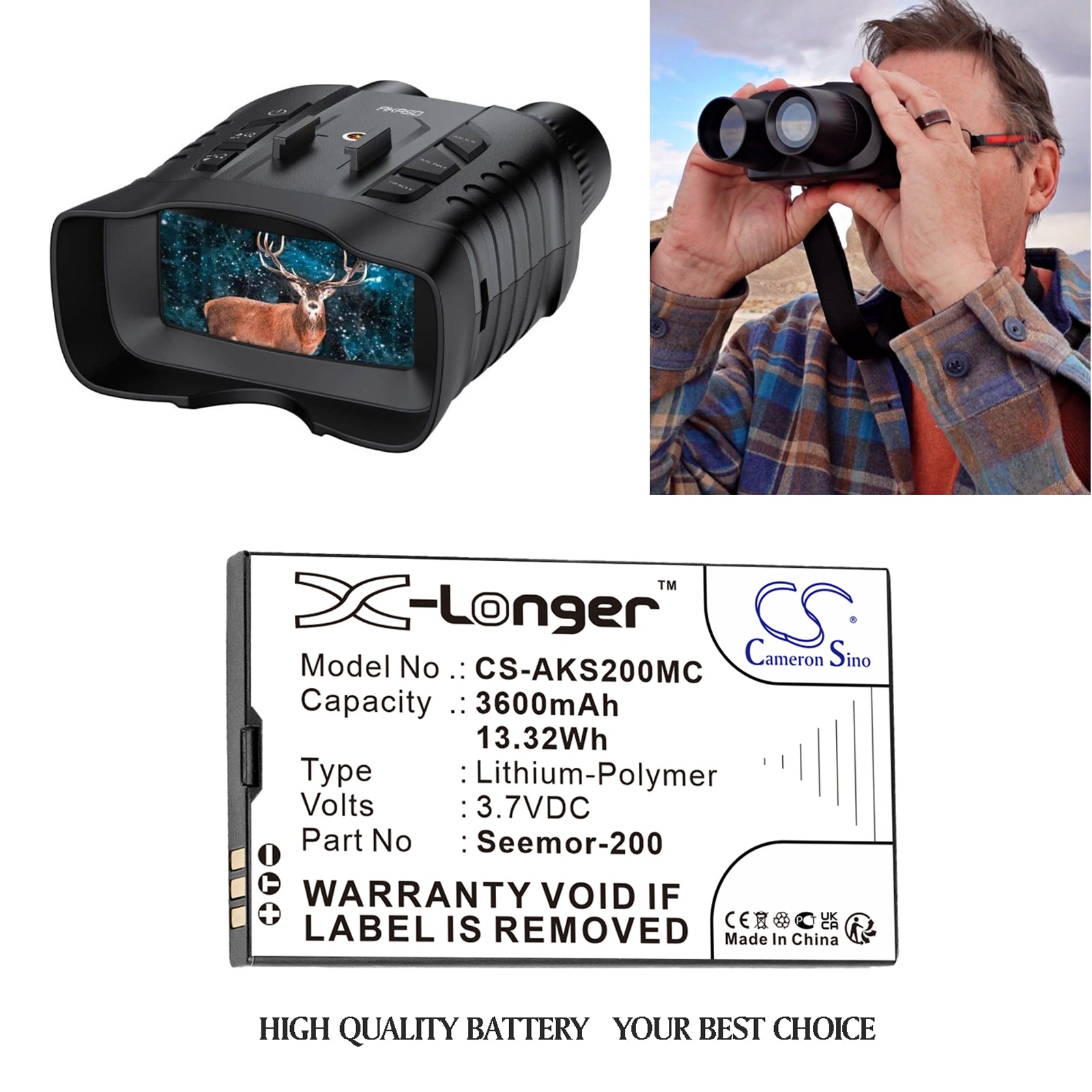 3.7V, Li-Polymer, 3600mAh, Battery fits AKASO Seemor 200, Seemor-200, 13.32Wh Camera Cameron Sino Technology Limited