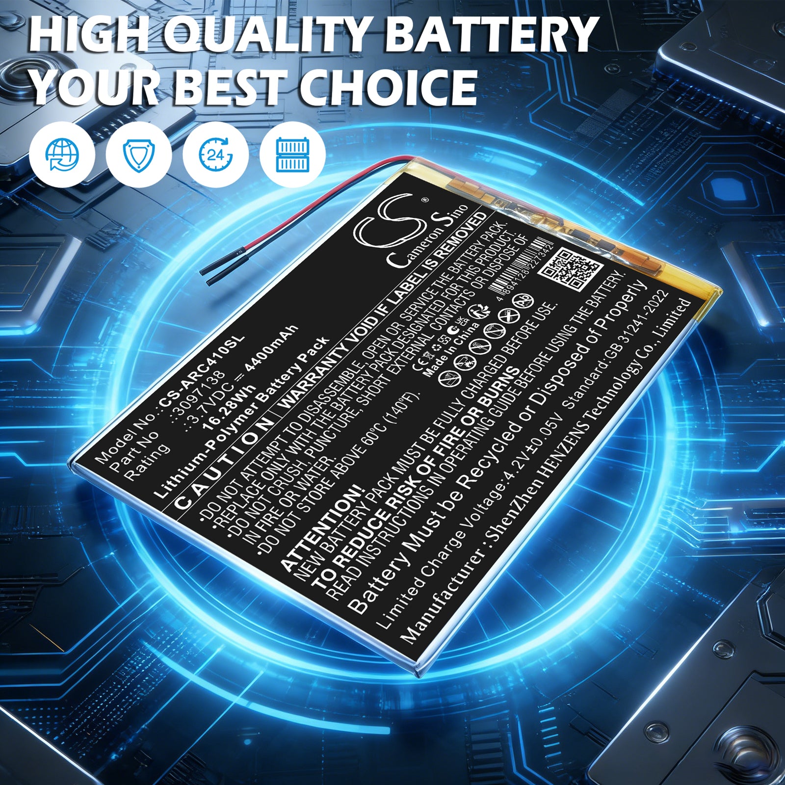 3.7V, Li-Polymer, 4400mAh, Battery fits Archos AC101OX4G, OXYGEN 4G, 16.28Wh Tablet Cameron Sino Technology Limited