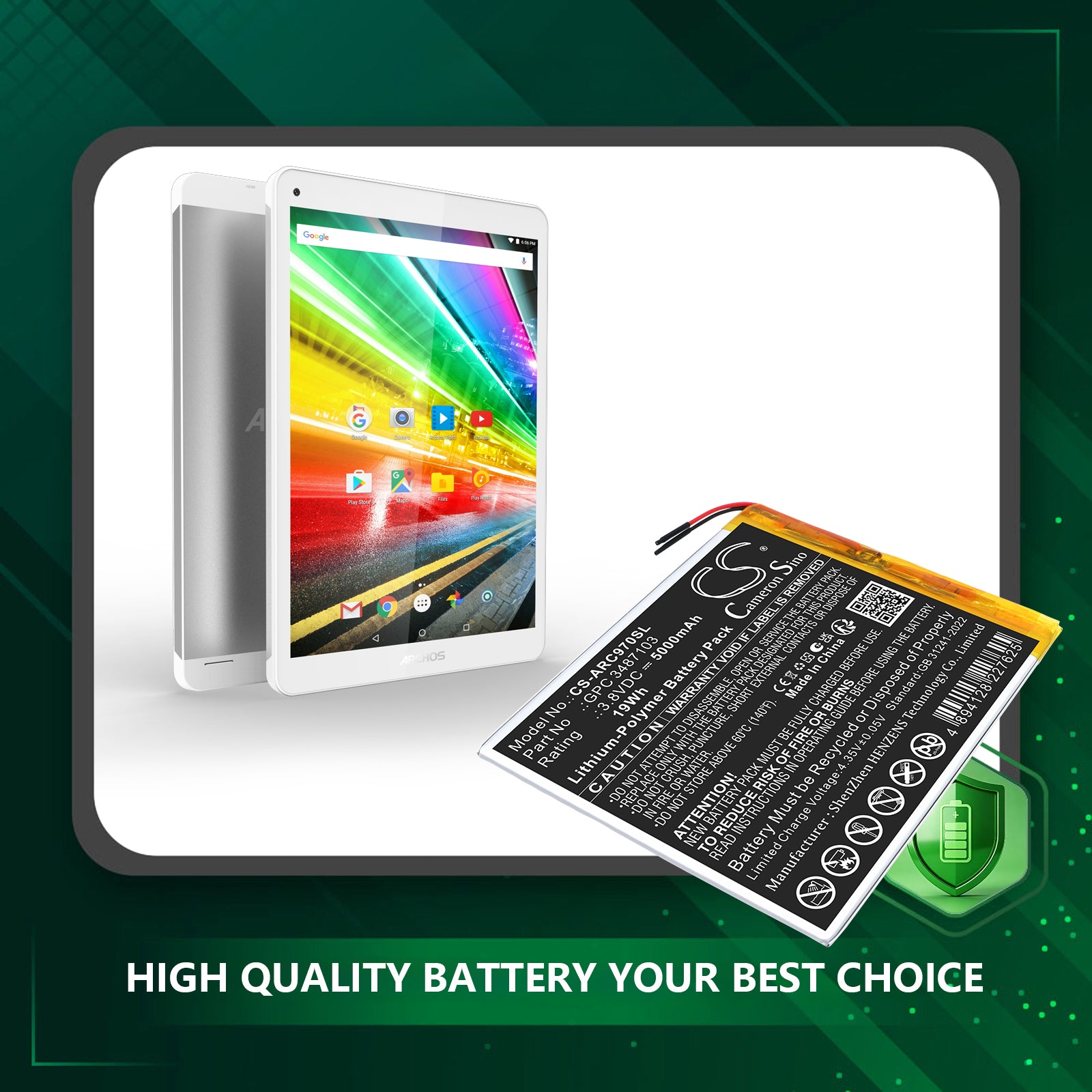 3.8V, Li-Polymer, 5000mAh, Battery fits Archos AC97CPL, 97C Platinum, 19Wh Tablet Cameron Sino Technology Limited
