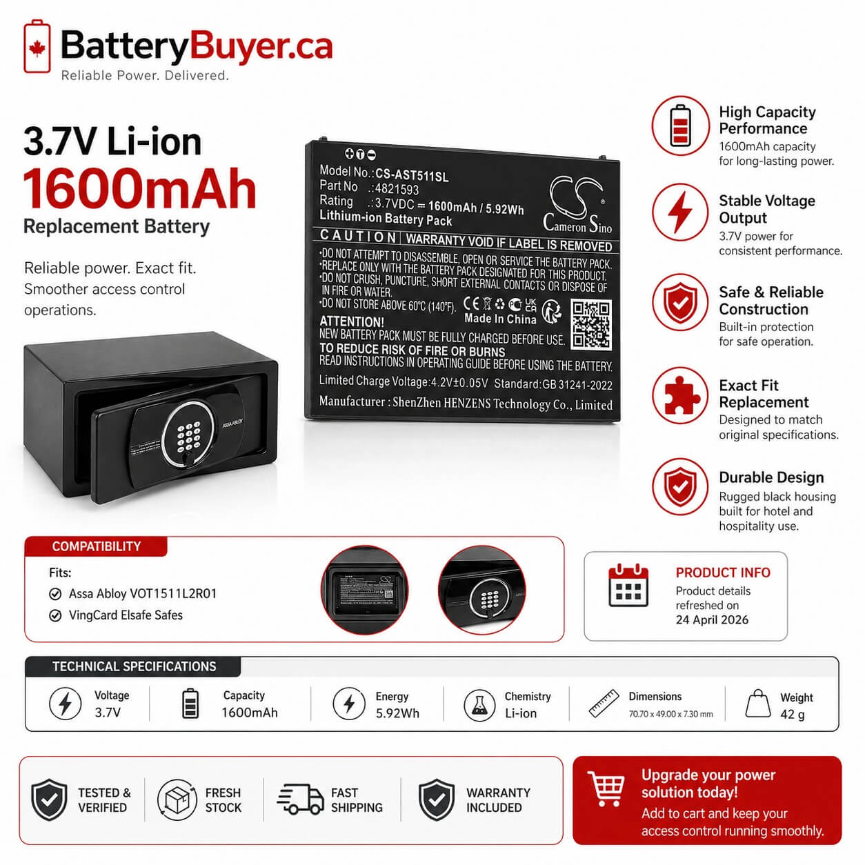 3.7V Li Ion 1600mAh 5.92Wh Battery for Assa Abloy VOT1511L2R01 and VingCard Elsafe Alarm System Cameron Sino Technology Limited