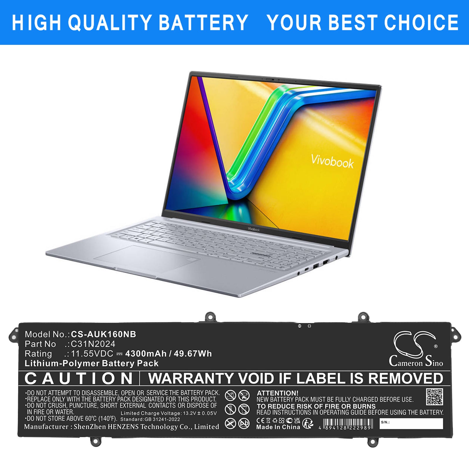 11.55V, Li-Polymer, 4300mAh, Battery fits Asus VivoBook 16X K3605VC, VivoBook 16X K3605VC-AS96, 49.67Wh Notebook, Laptop Cameron Sino Technology Limited
