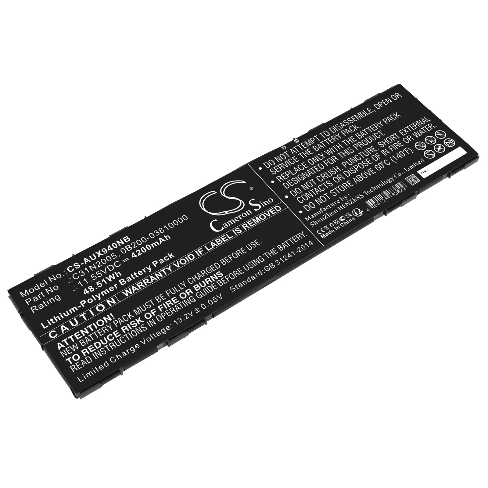 Li-Polymer, Notebook, Laptop Battery fits Asus B3402fea, B3402fea-fvp1333r, 11.55V, 4200mAh Notebook, Laptop Cameron Sino Technology Limited