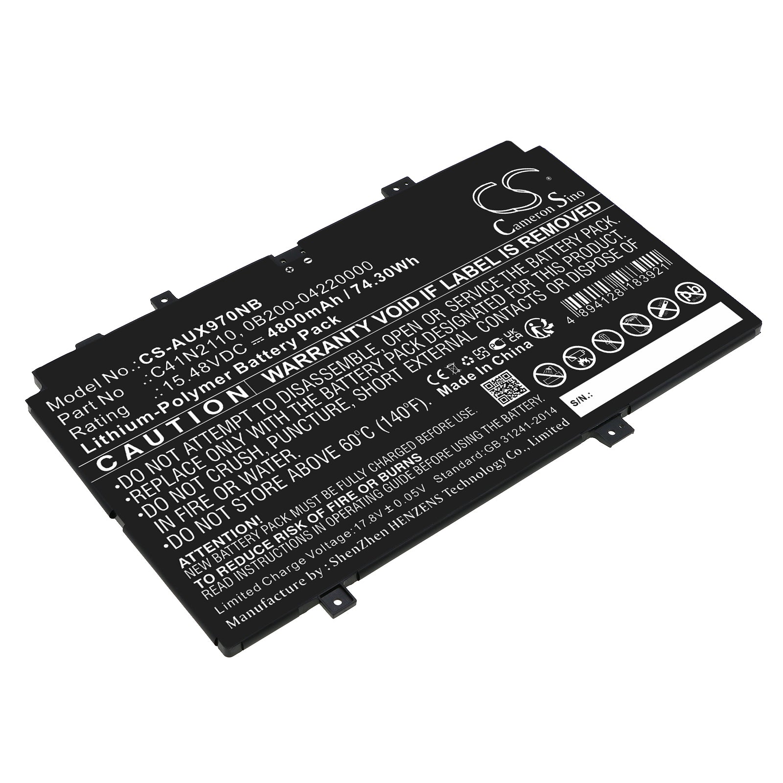 Li-Polymer, Notebook, Laptop Battery fits Asus Ux9702aa, Zenbook 17 Fold Oled, 15.48V, 4800mAh Notebook, Laptop Cameron Sino Technology Limited