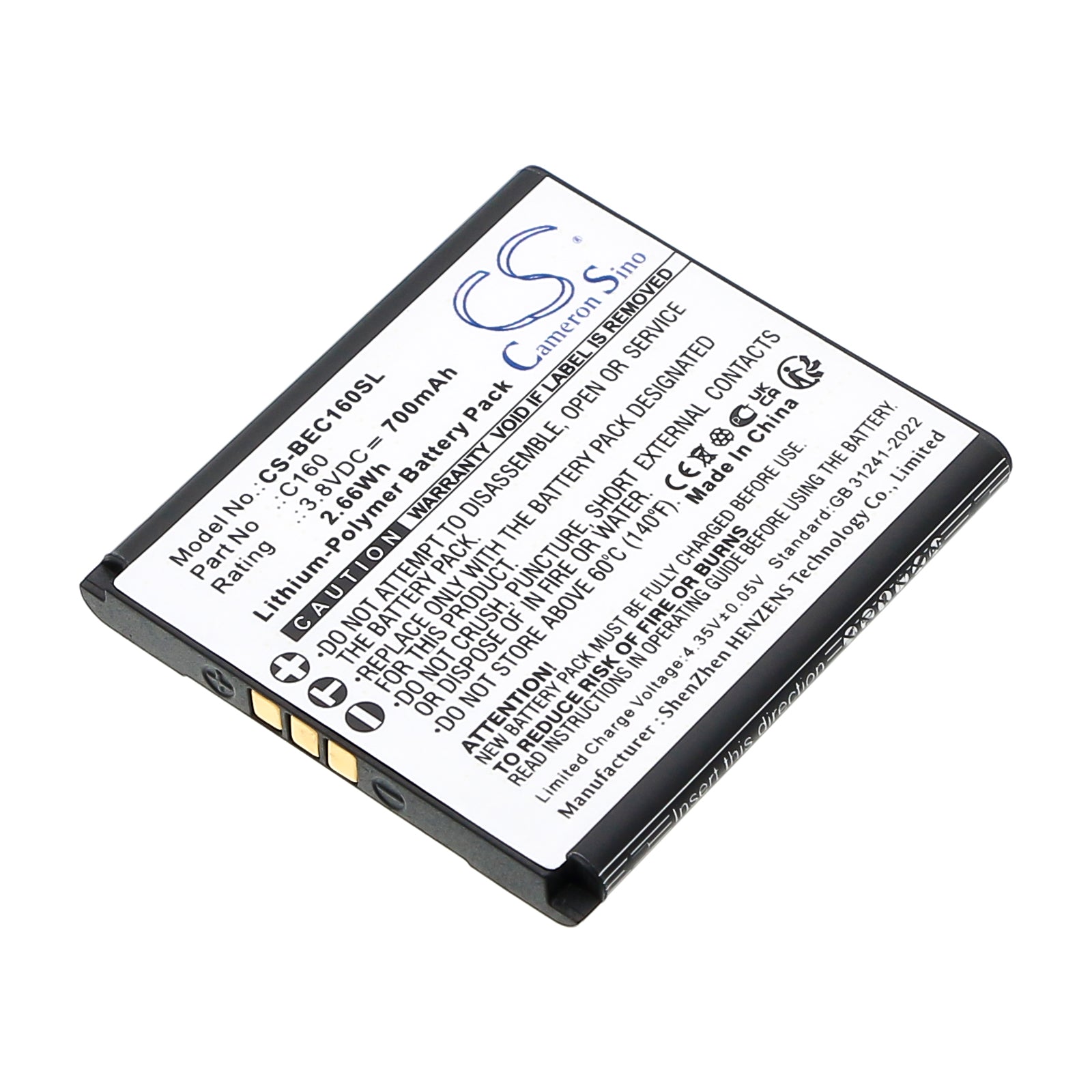 3.8V, Li-Polymer, 700mAh, Battery fits Bea-fon C160, C160 Schwarz, 2.66Wh Mobile, SmartPhone Cameron Sino Technology Limited