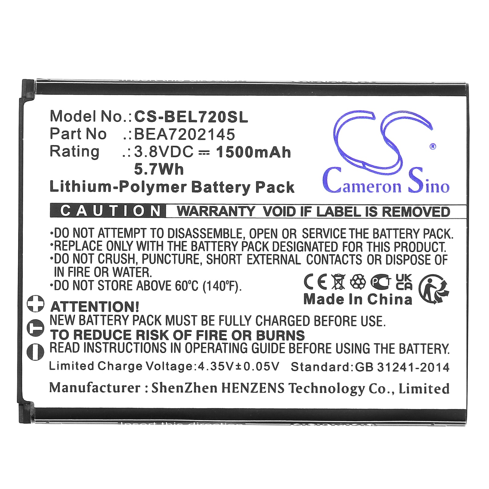 Li-Polymer, Mobile, SmartPhone Battery fits Bea-fon Sl720, Sl720i, 3.8V, 1500mAh Mobile, SmartPhone Cameron Sino Technology Limited