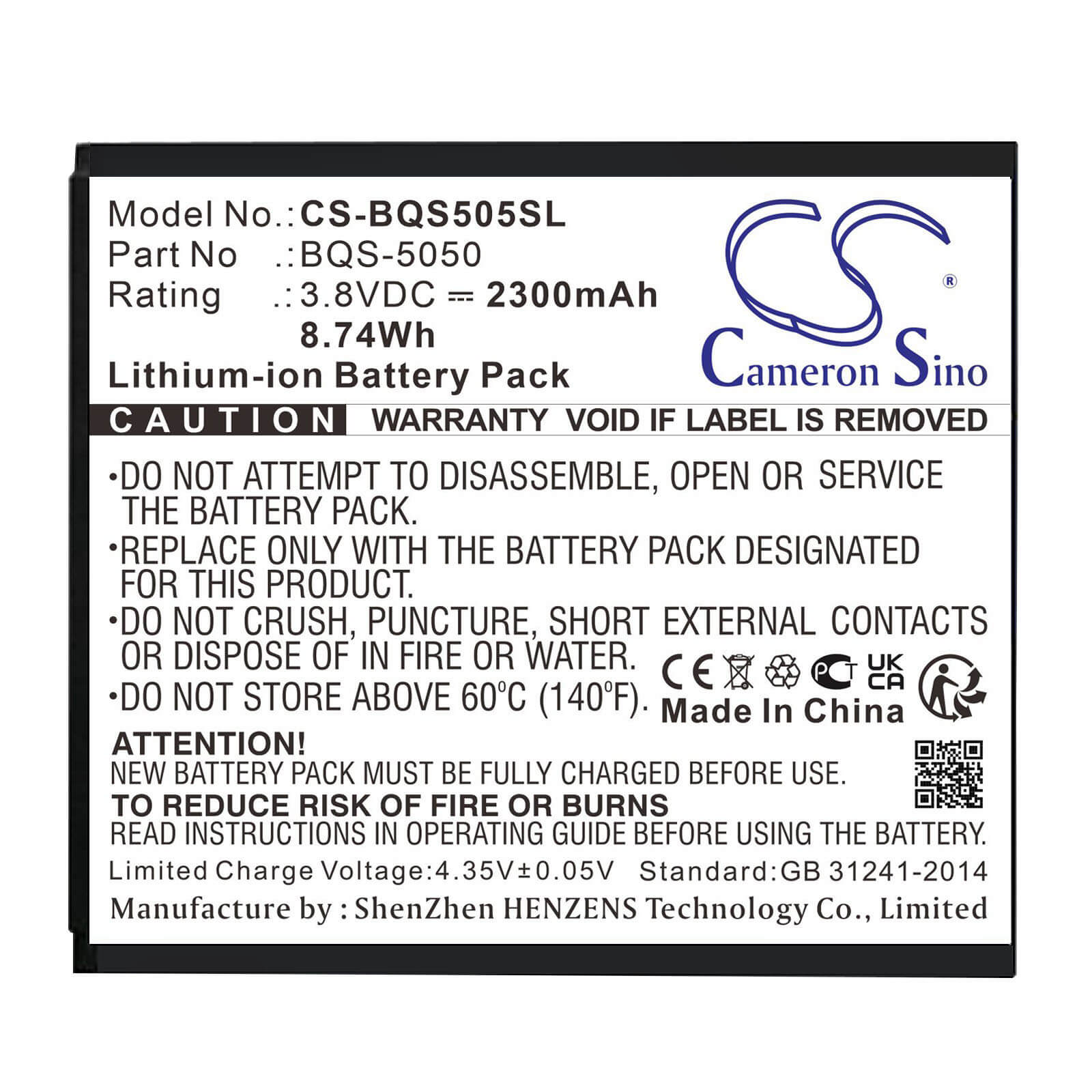Li-ion Battery fits Bq, bqs-5050 3.8V, 2300mAh Mobile & SmartPhone Cameron Sino Technology Limited