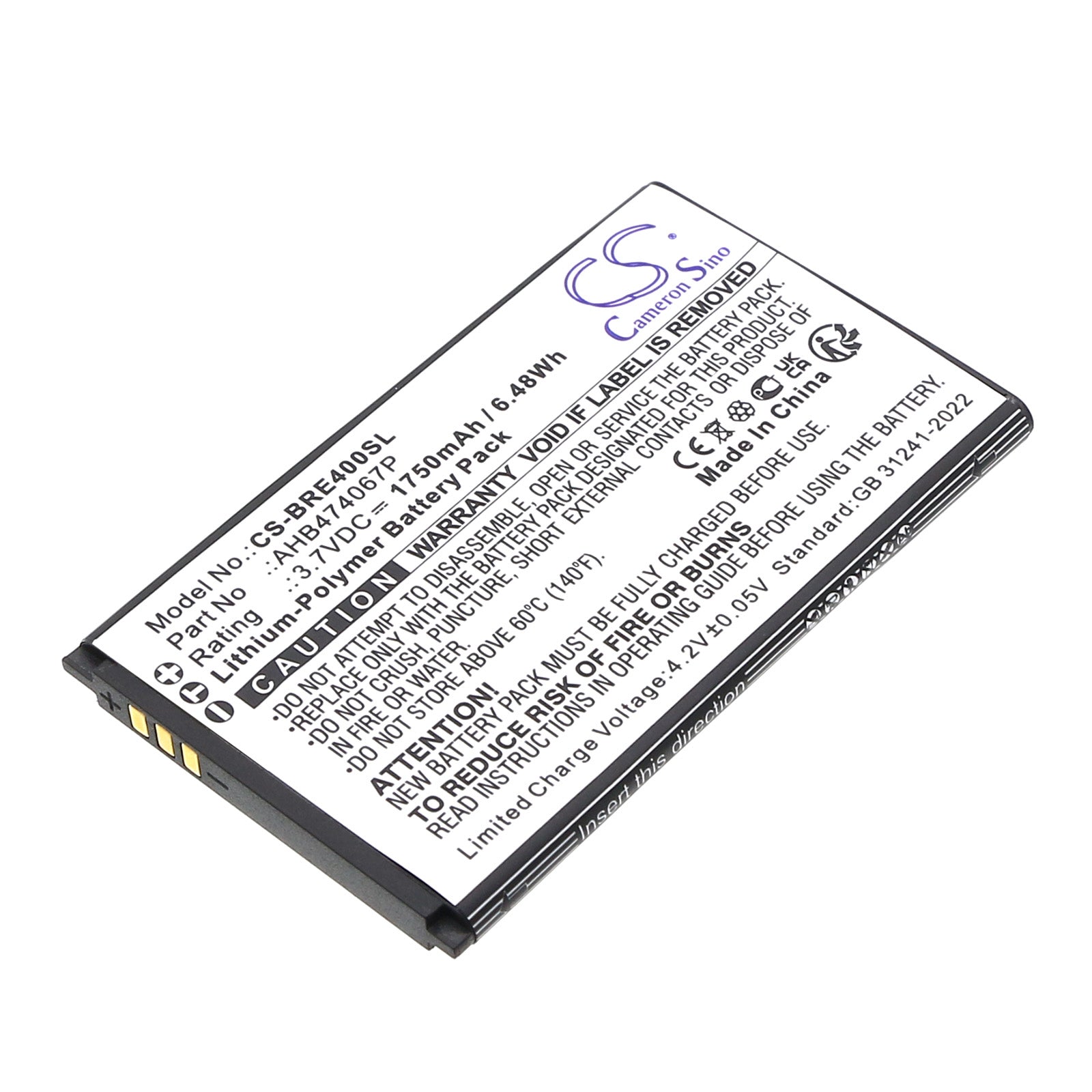 3.7V, Li-Polymer, 1750mAh, Battery fits Brondi ENERGY 4G, 6.48Wh Mobile, SmartPhone Cameron Sino Technology Limited