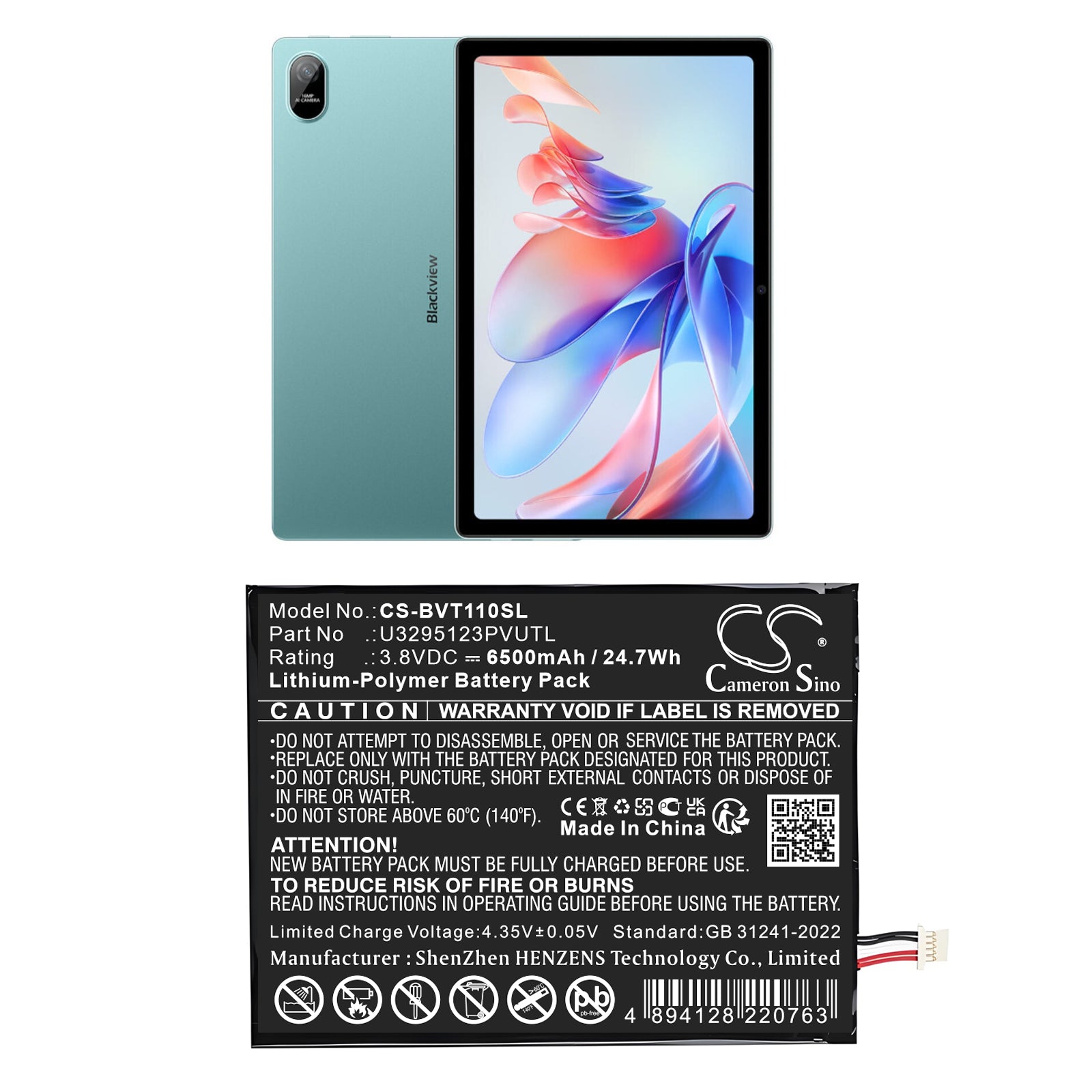 3.8V, Li-Polymer, 6500mAh, Battery fits BlackView Tab 11, 24.7Wh Tablet Cameron Sino Technology Limited