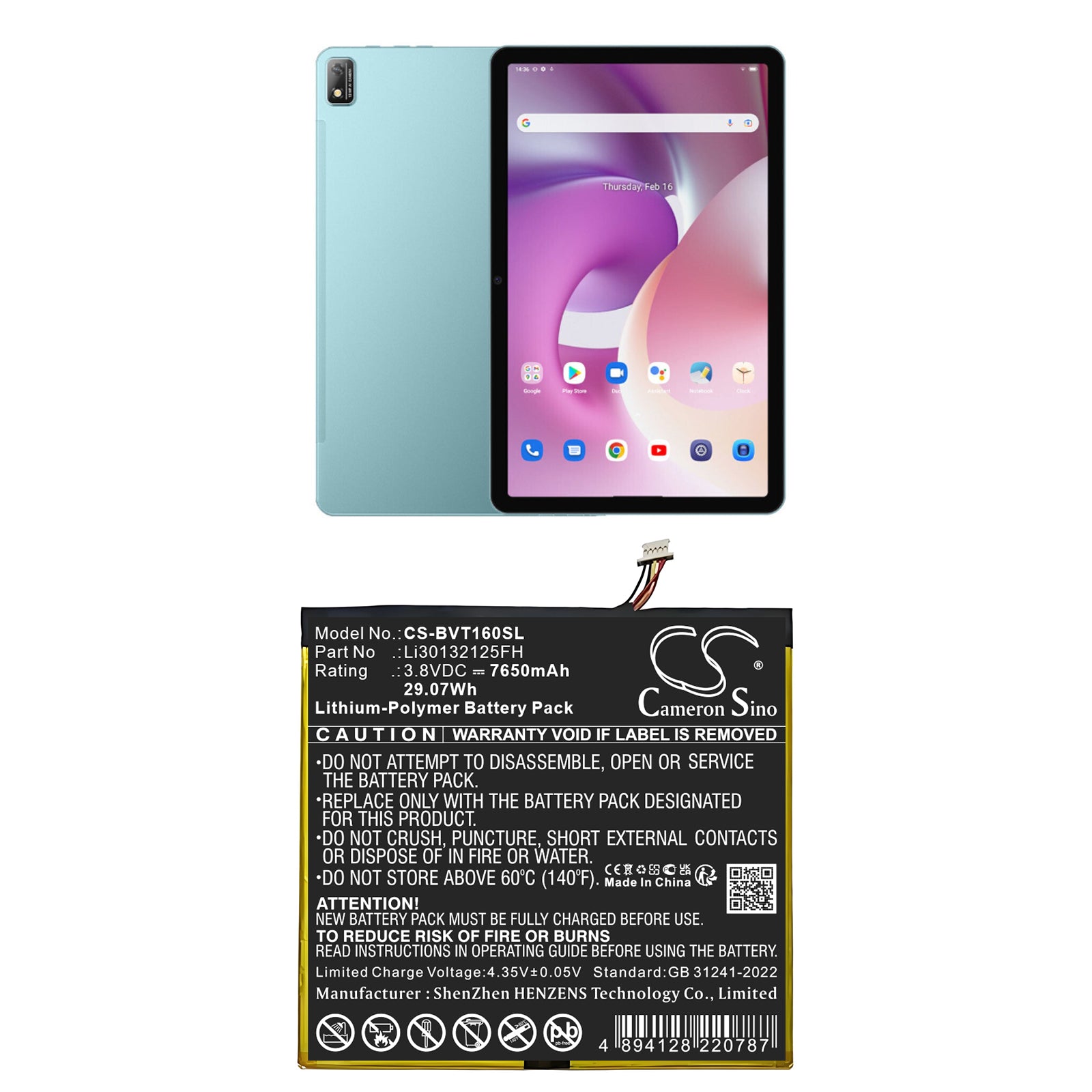 3.8V, Li-Polymer, 7650mAh, Battery fits BlackView Tab 16, 29.07Wh Tablet Cameron Sino Technology Limited