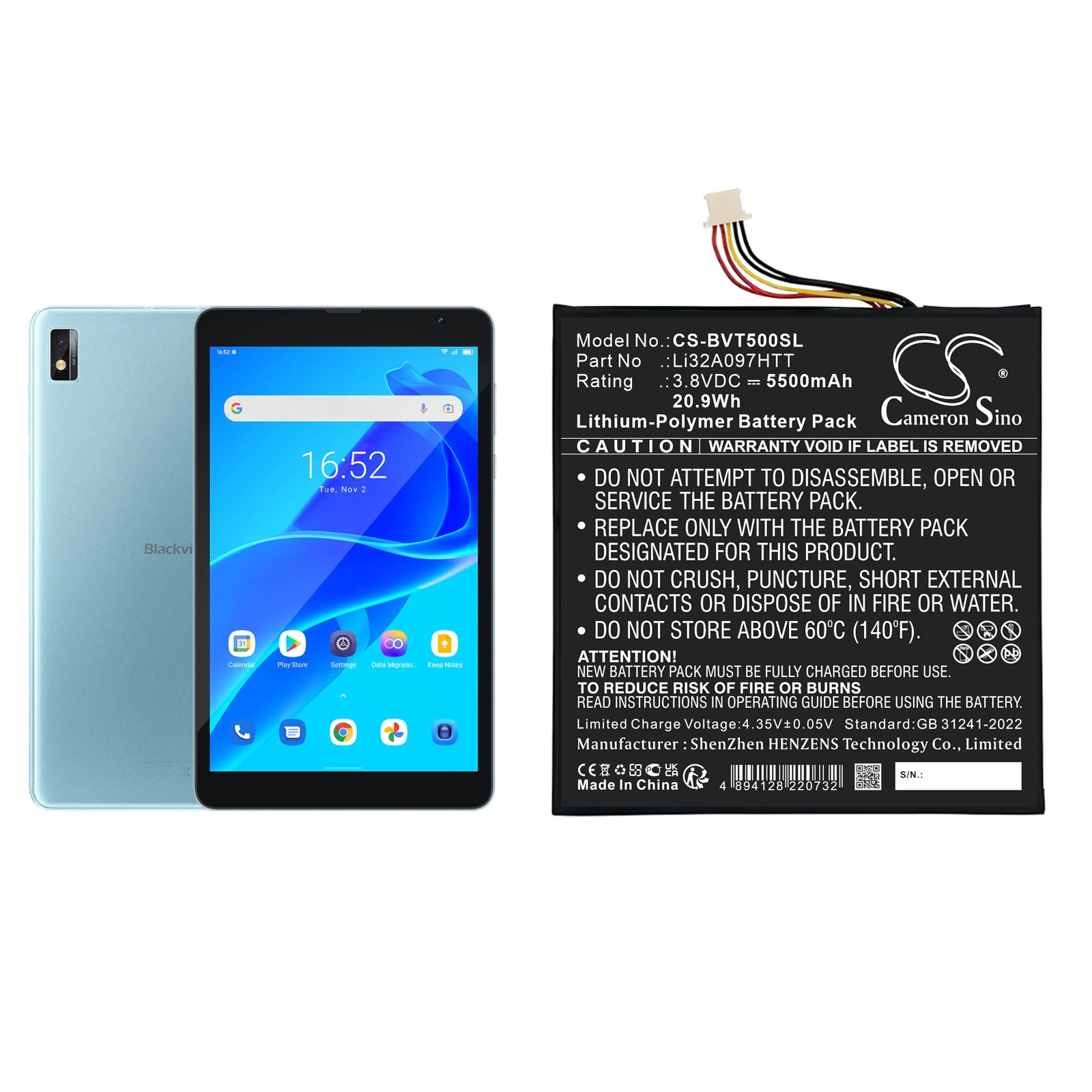 3.8V, Li-Polymer, 5500mAh, Battery fits BlackView 3210099, Tab 5, 20.9Wh Tablet Cameron Sino Technology Limited