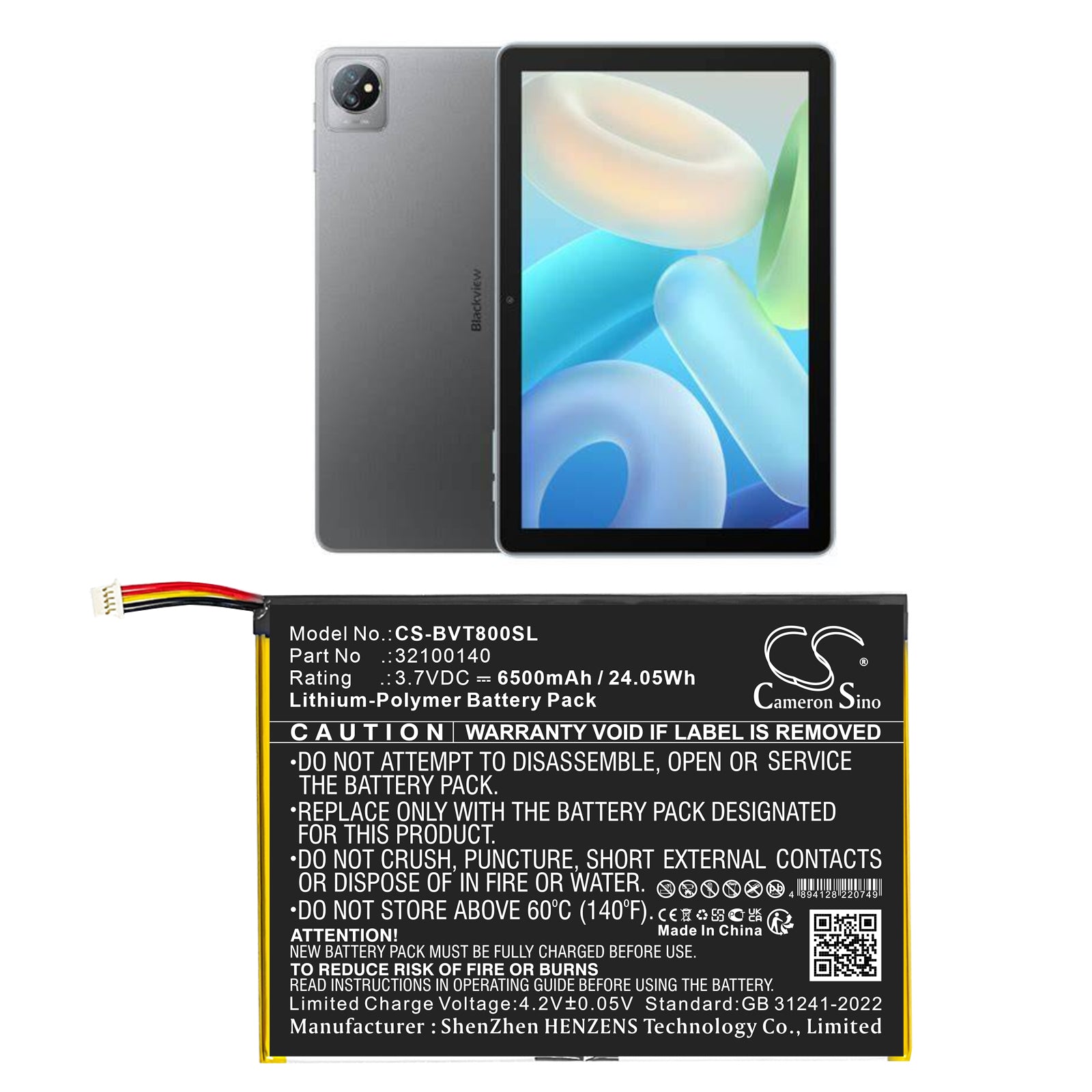 3.7V, Li-Polymer, 6500mAh, Battery fits BlackView Tab 8, 24.05Wh Tablet Cameron Sino Technology Limited