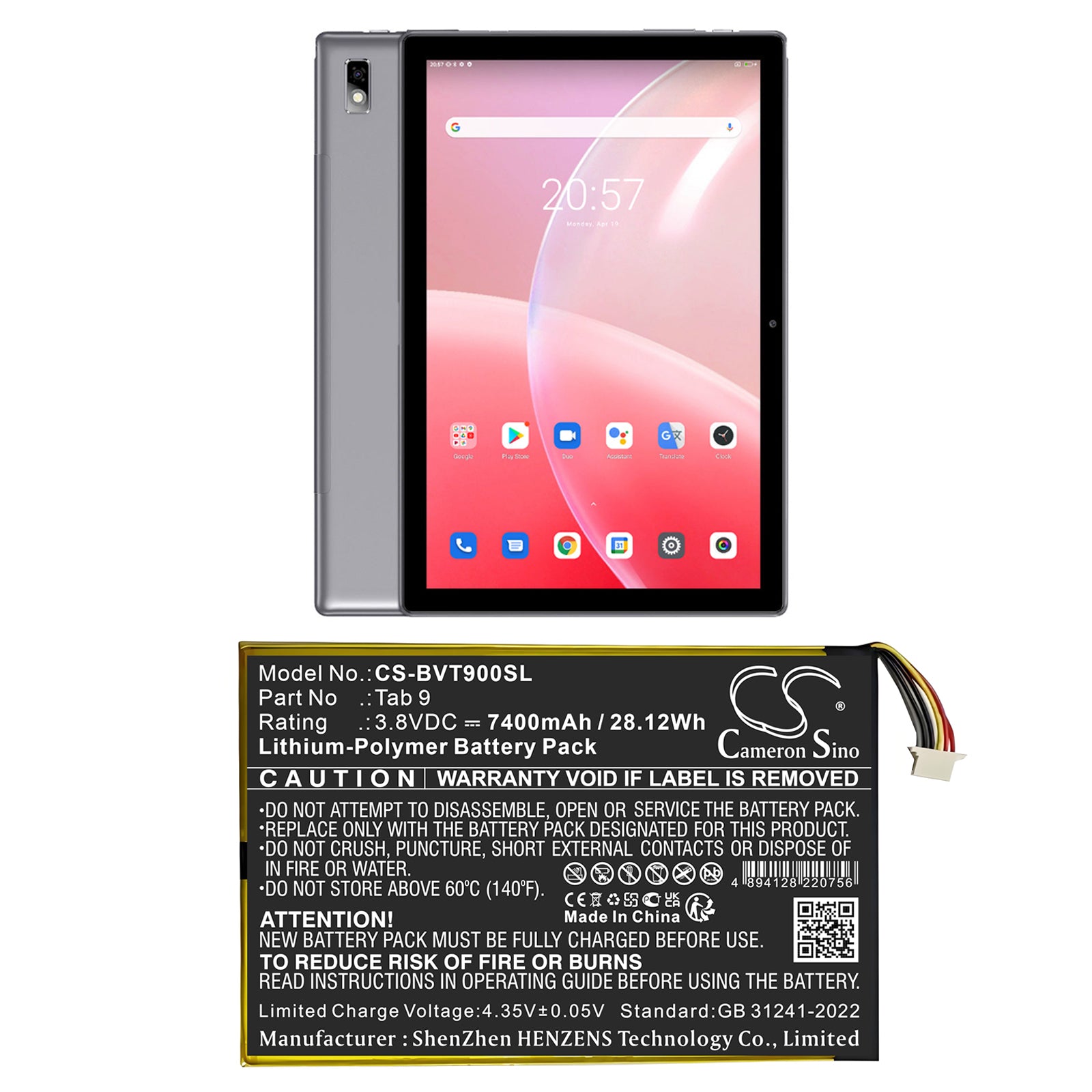 3.8V, Li-Polymer, 7400mAh, Battery fits BlackView Tab 9, Tab 9 10.1Inch, 28.12Wh Tablet Cameron Sino Technology Limited