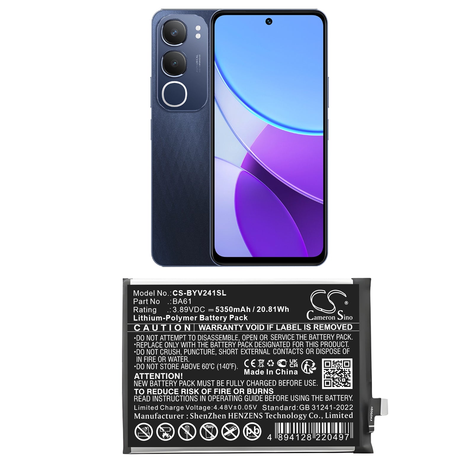 3.89V, Li-Polymer, 5350mAh, Battery fits Vivo V2419, Y19s, 20.81Wh Mobile, SmartPhone Cameron Sino Technology Limited