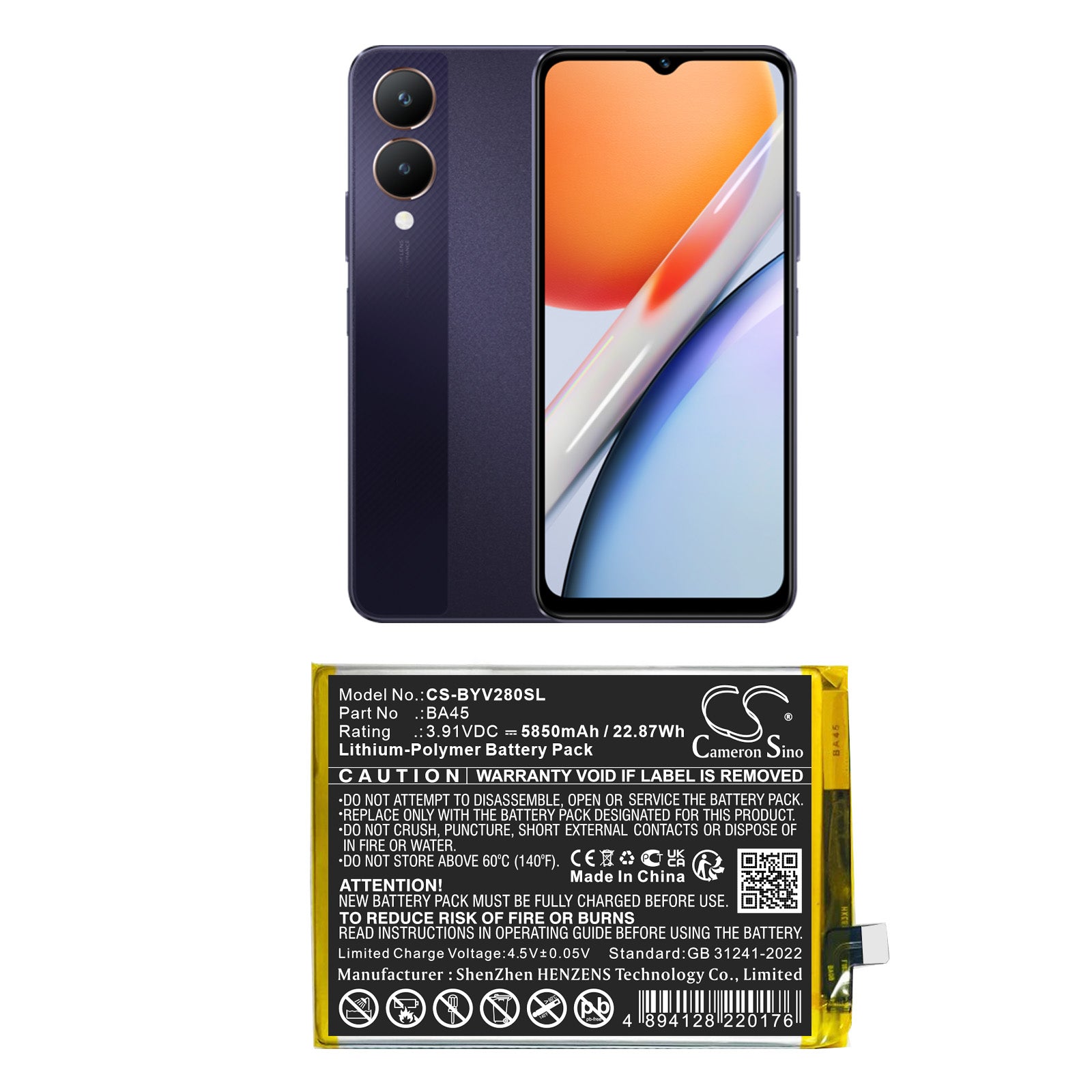 3.91V, Li-Polymer, 5850mAh, Battery fits Vivo V2318A, Y28, 22.87Wh Mobile, SmartPhone Cameron Sino Technology Limited