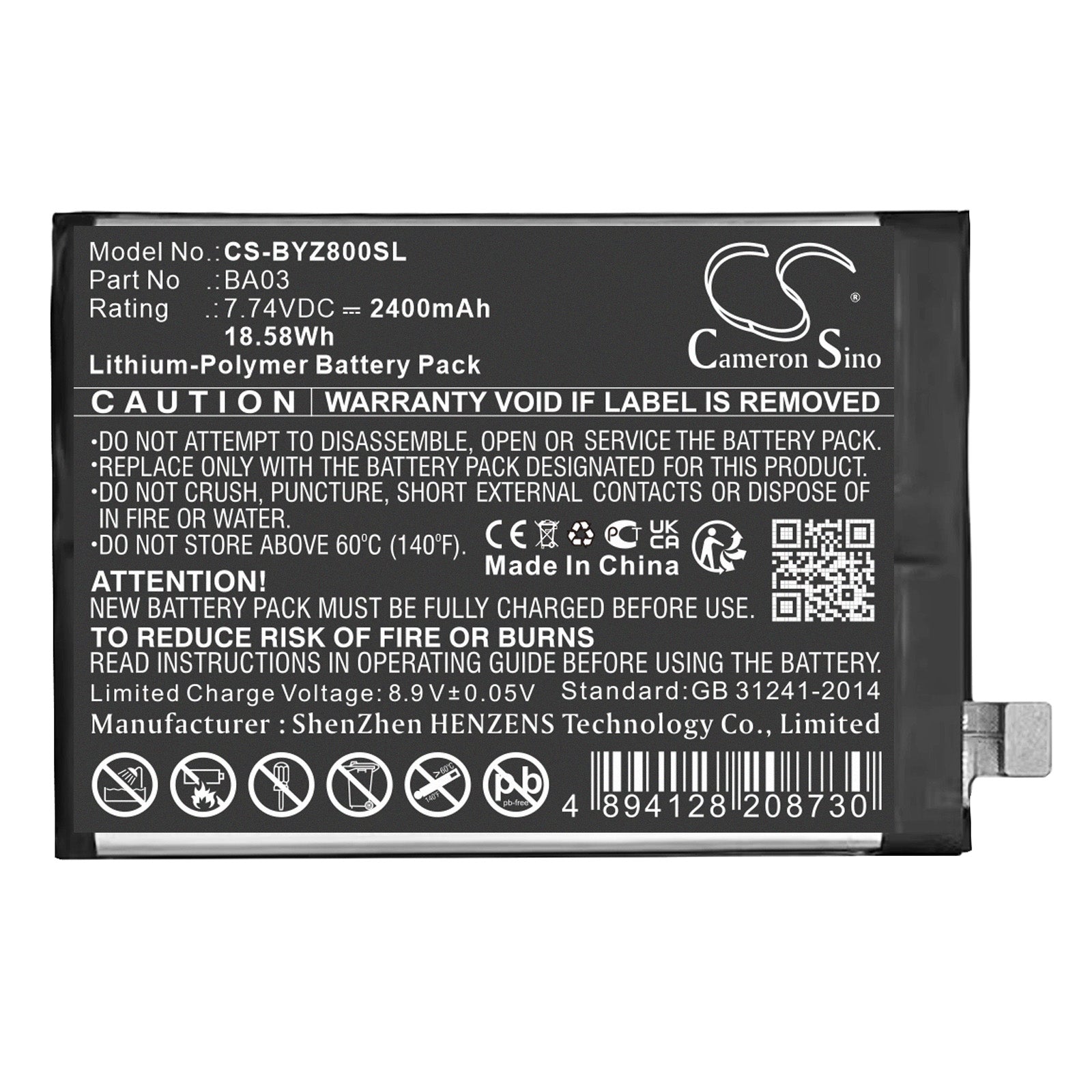 7.74V, Li-Polymer, 2400mAh, Battery fits Vivo IQOO Z8, 18.58Wh Mobile, SmartPhone Cameron Sino Technology Limited