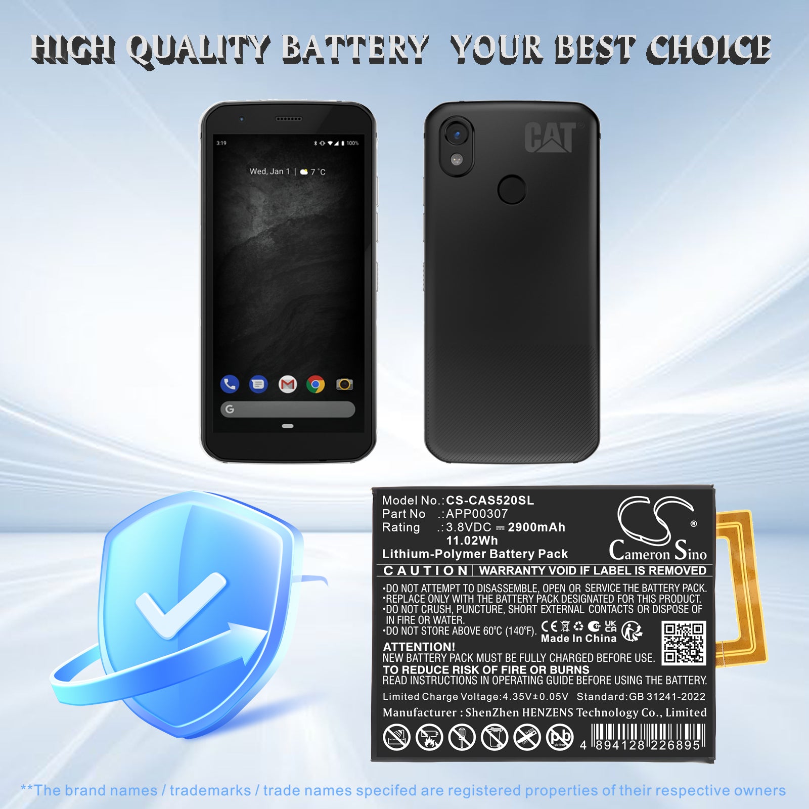 3.8V, Li-Polymer, 2900mAh, Battery fits CAT S52 | CATERPILLAR CAT S52, 11.02Wh Mobile, SmartPhone Cameron Sino Technology Limited