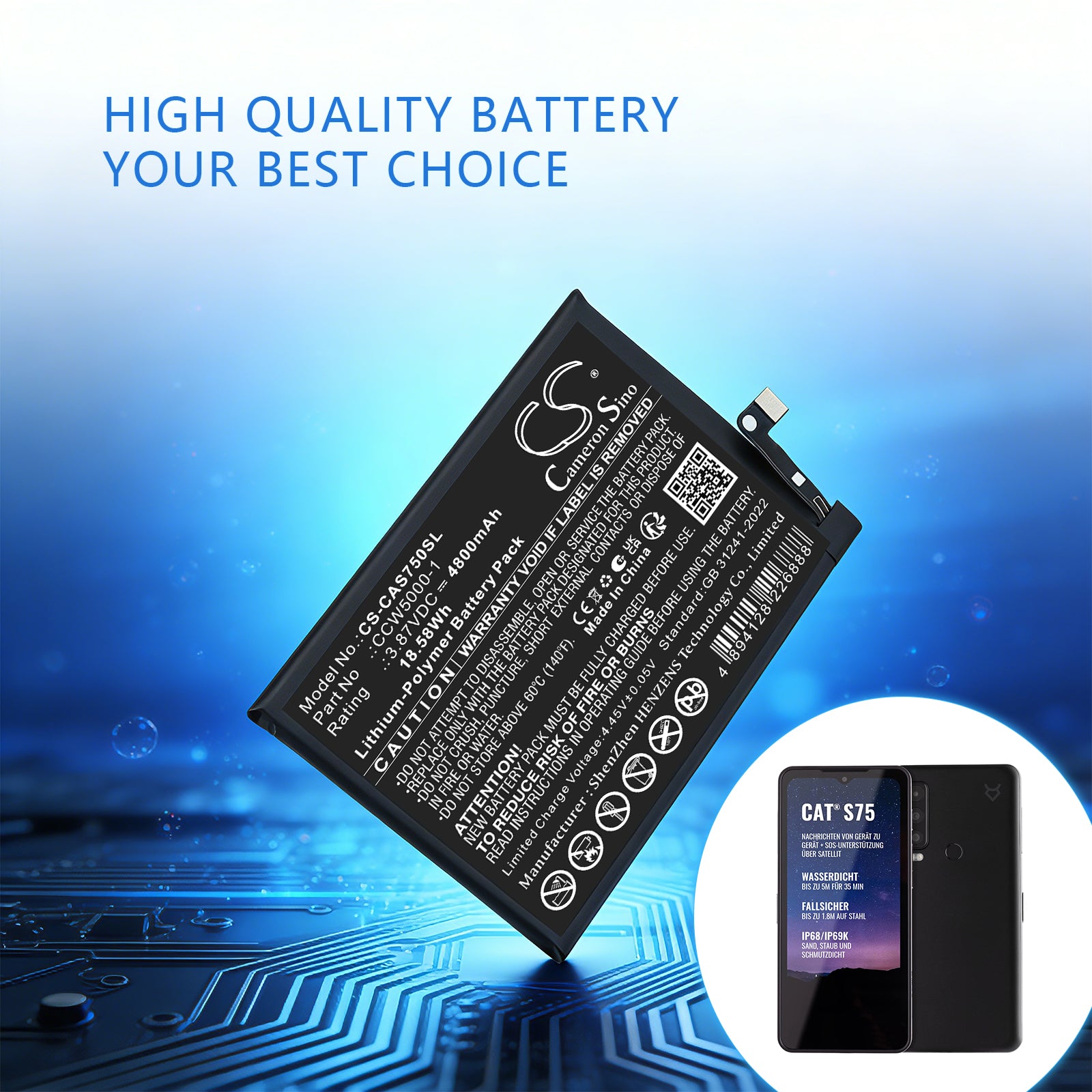 3.87V, Li-Polymer, 4800mAh, Battery fits CAT BM1S1B, S75 | CATERPILLAR BM1S1B, 18.58Wh Mobile, SmartPhone Cameron Sino Technology Limited