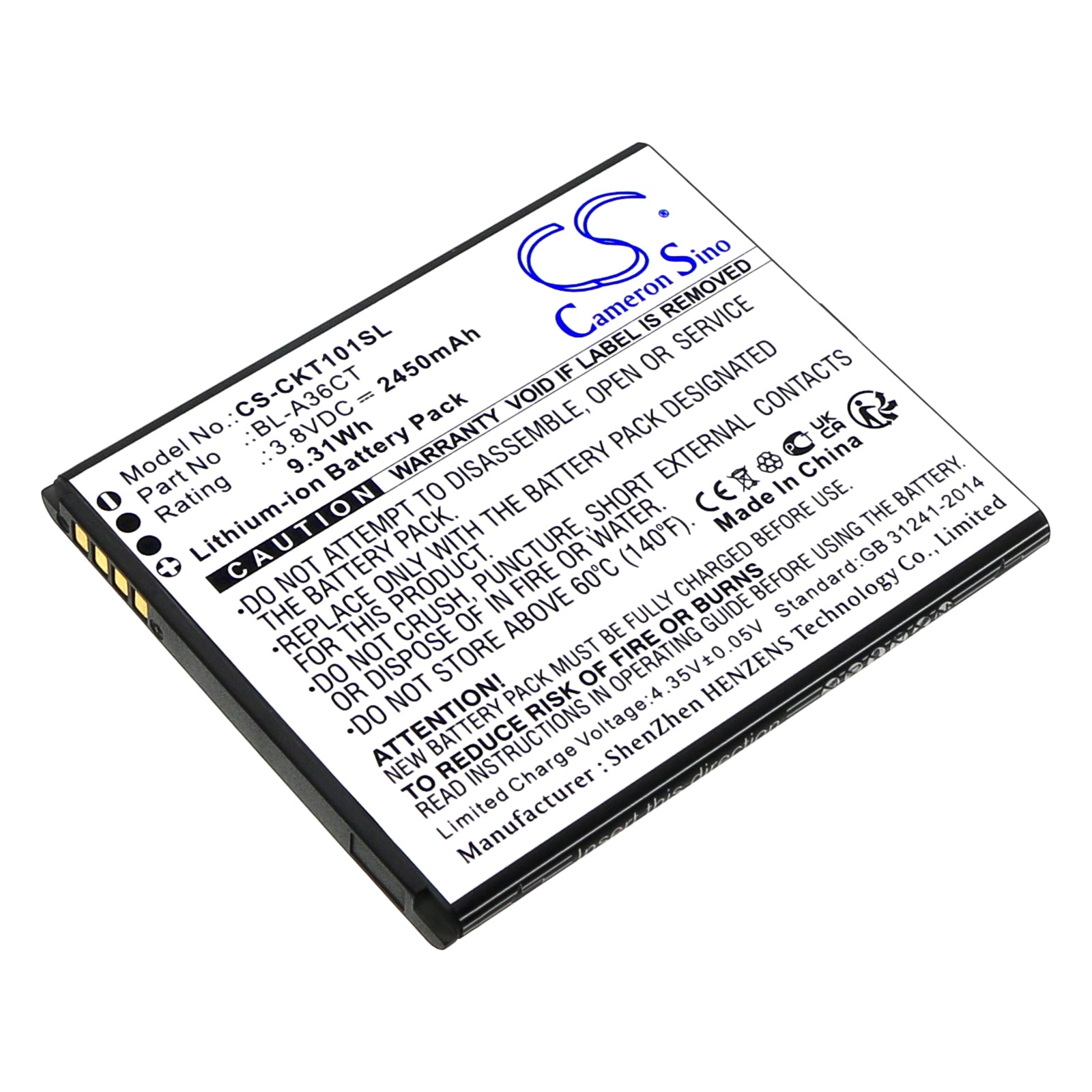 Li-ion, Mobile, SmartPhone Battery fits Cricket Debut Smart, Sl101ae, 3.8V, 2450mAh Mobile, SmartPhone Cameron Sino Technology Limited