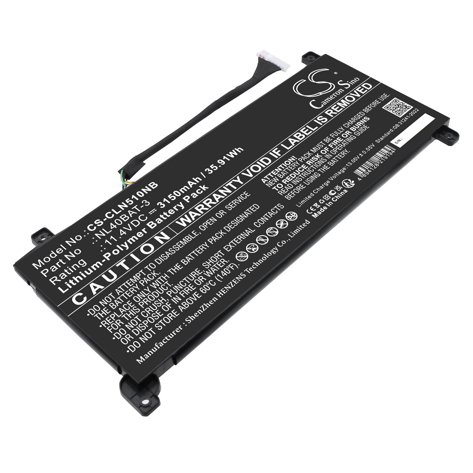 11.4V, Li-Polymer, 3150mAh, Battery fits Clevo NL40MU, NL40PU, 35.91Wh Notebook, Laptop Cameron Sino Technology Limited