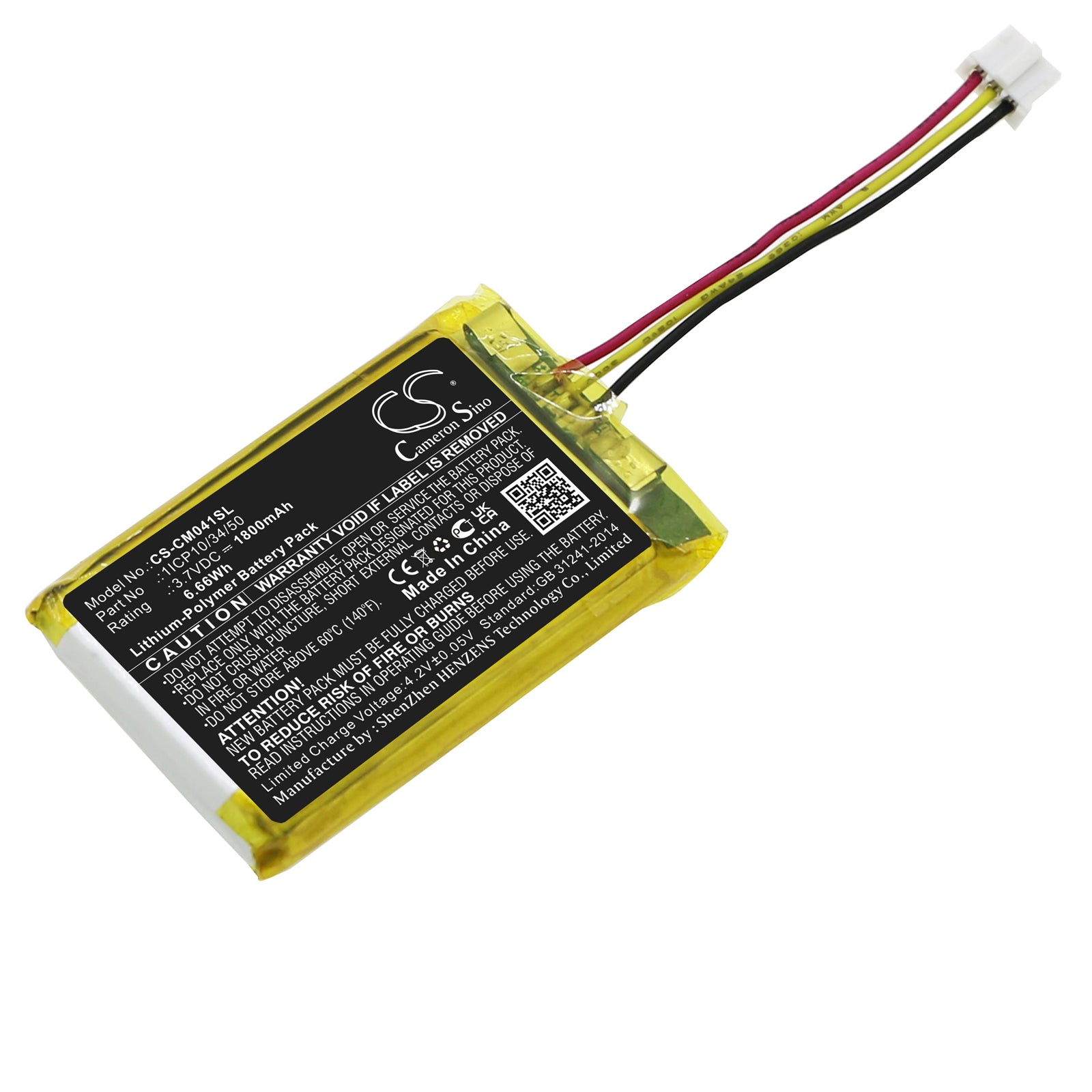 Li-Polymer, Battery Pack Battery fits Custom Battery Packs, 3.7V, 1800mAh Battery Pack Cameron Sino Technology Limited
