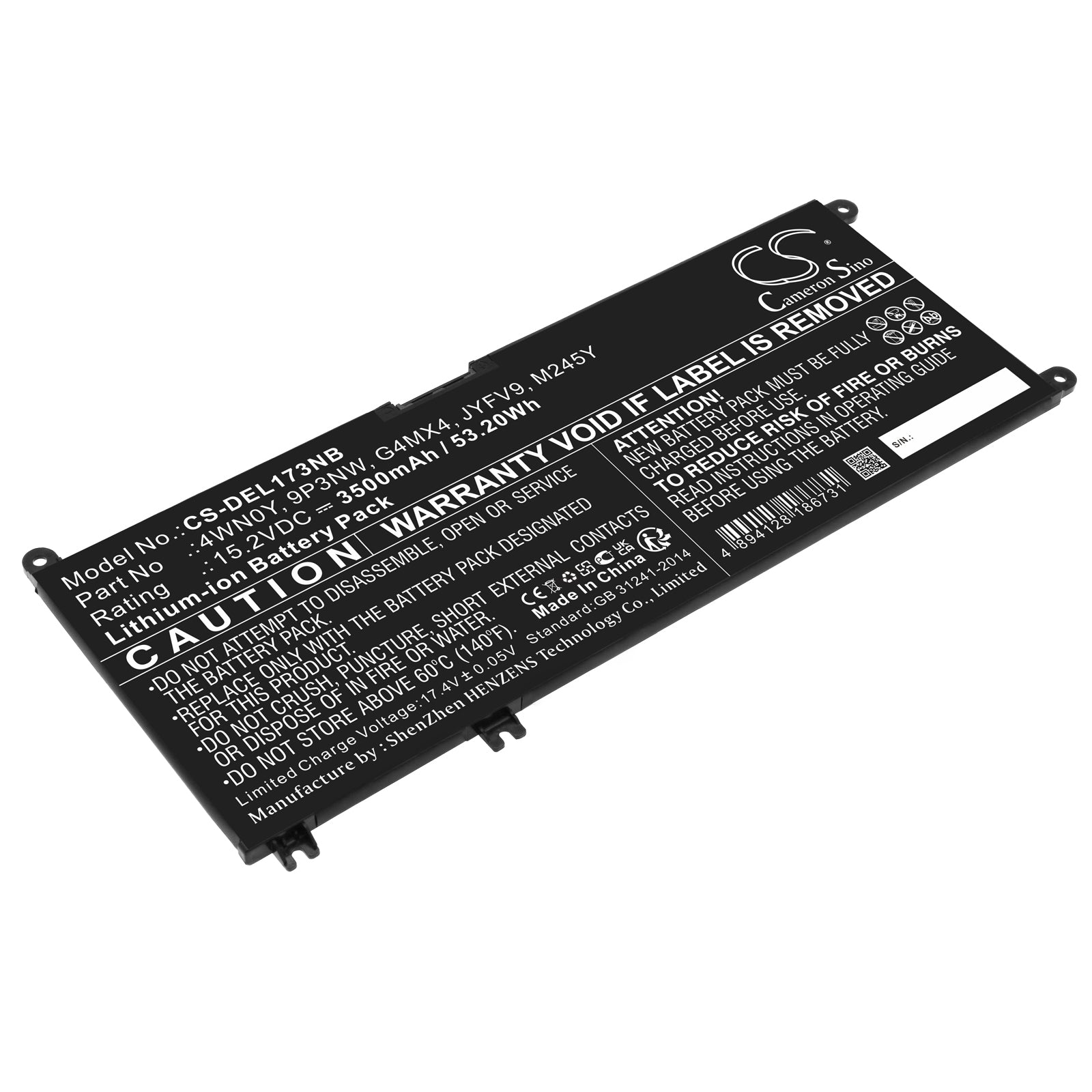Li-ion, Notebook, Laptop Battery fits Dell Inspiron 13 7353, Inspiron 13 7577, 15.2V, 3500mAh Notebook, Laptop Cameron Sino Technology Limited