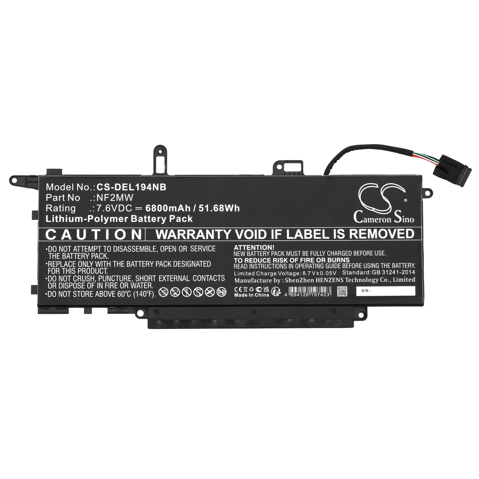 Li-Polymer, Notebook, Laptop Battery fits Dell Latitude 14 9410 27m6v, Latitude 14 9410 28hym, 7.6V, 6800mAh Notebook, Laptop Cameron Sino Technology Limited