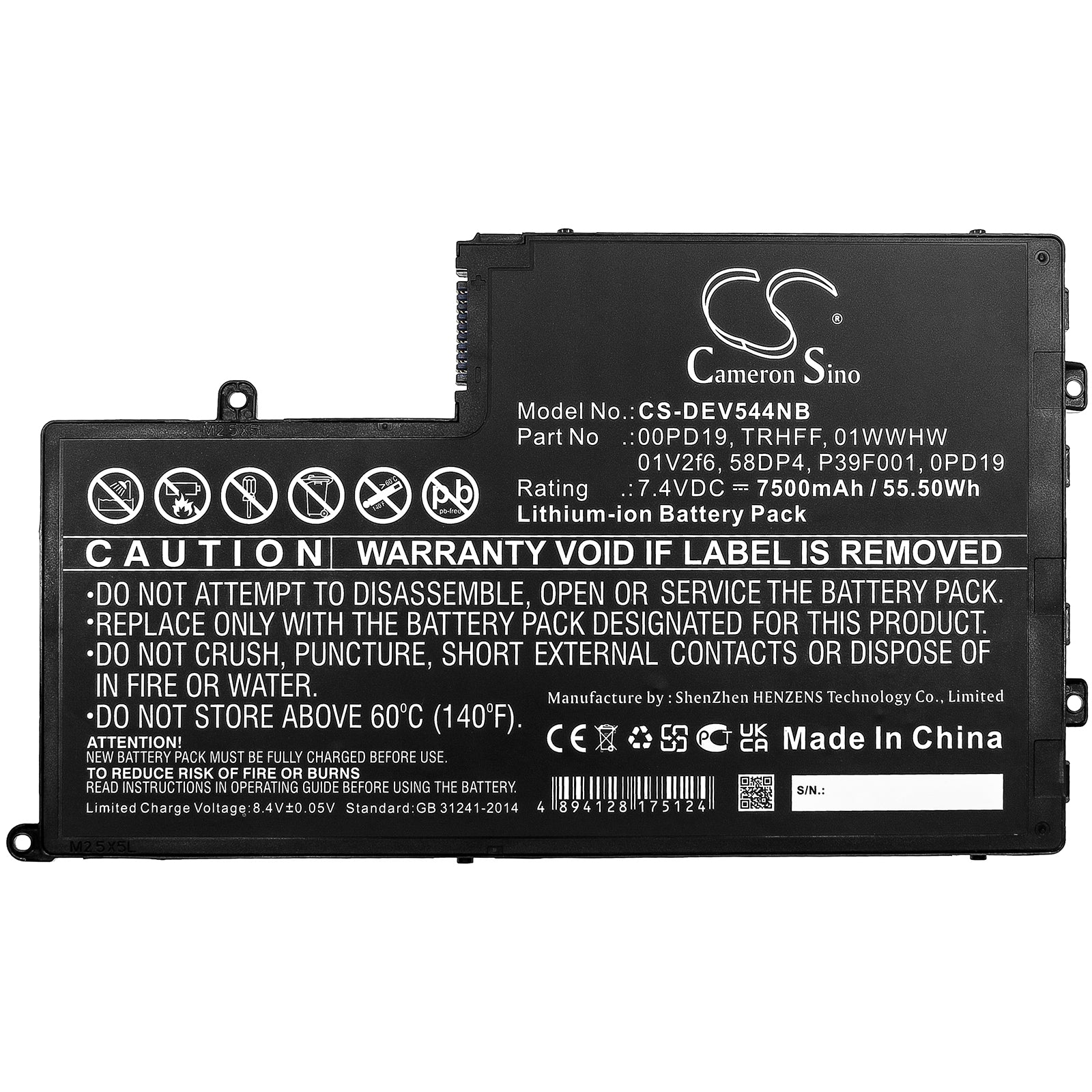 Li-ion, Notebook, Laptop Battery fits Dell Dl011307-prr13g01, Ins14md-1328r, 7.4V, 7500mAh Notebook, Laptop Cameron Sino Technology Limited