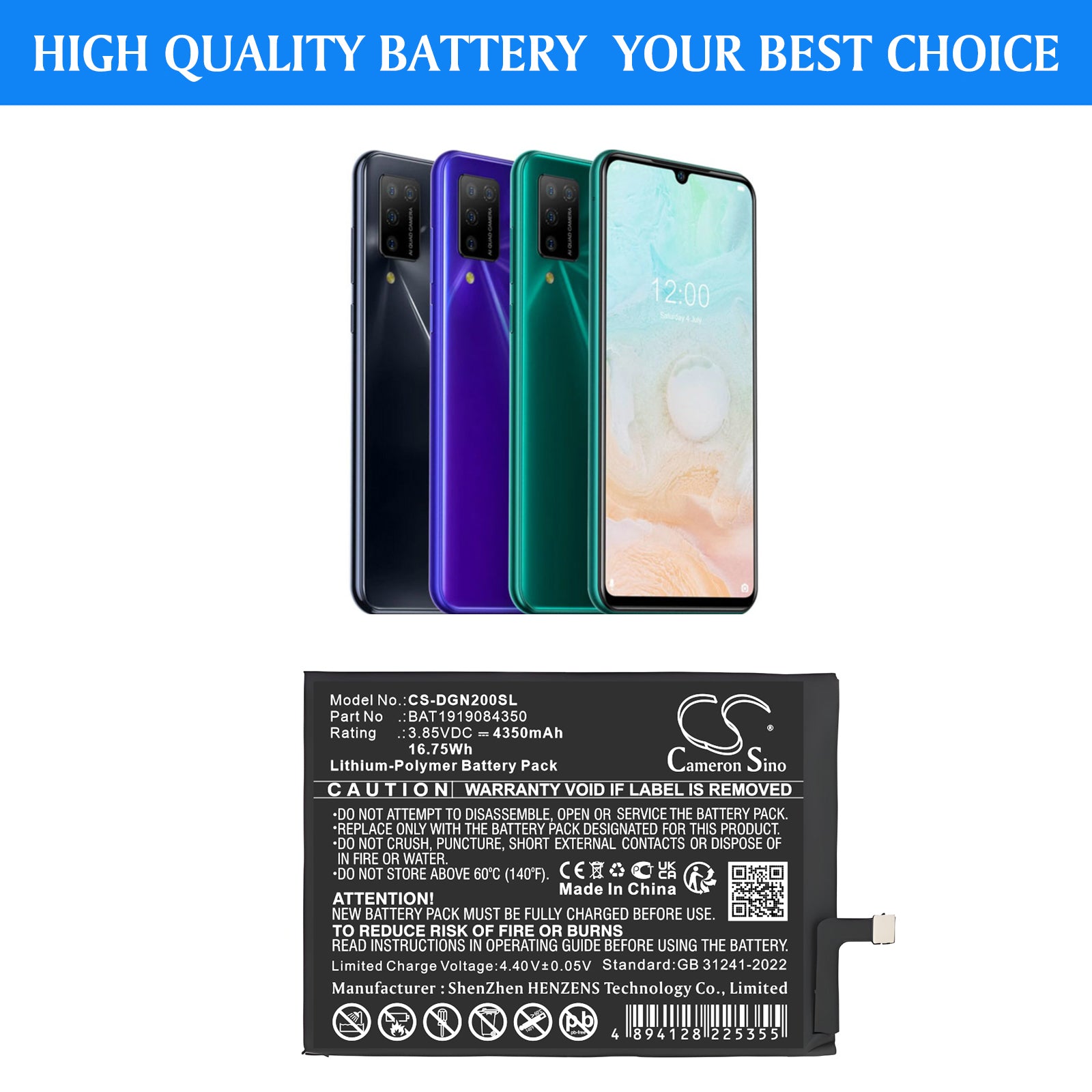 3.85V, Li-Polymer, 4350mAh, Battery fits Doogee N20, N20 Pro, 16.75Wh Mobile, SmartPhone Cameron Sino Technology Limited