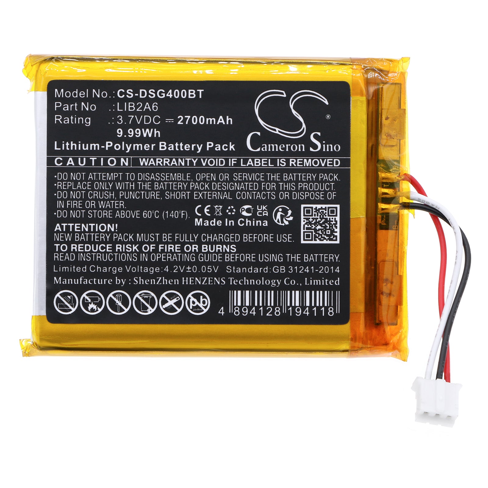 Li-Polymer, Alarm System Battery fits Dsc 3g4005, Gsm Communicators Gs4005, 3.7V, 2700mAh Alarm System Cameron Sino Technology Limited