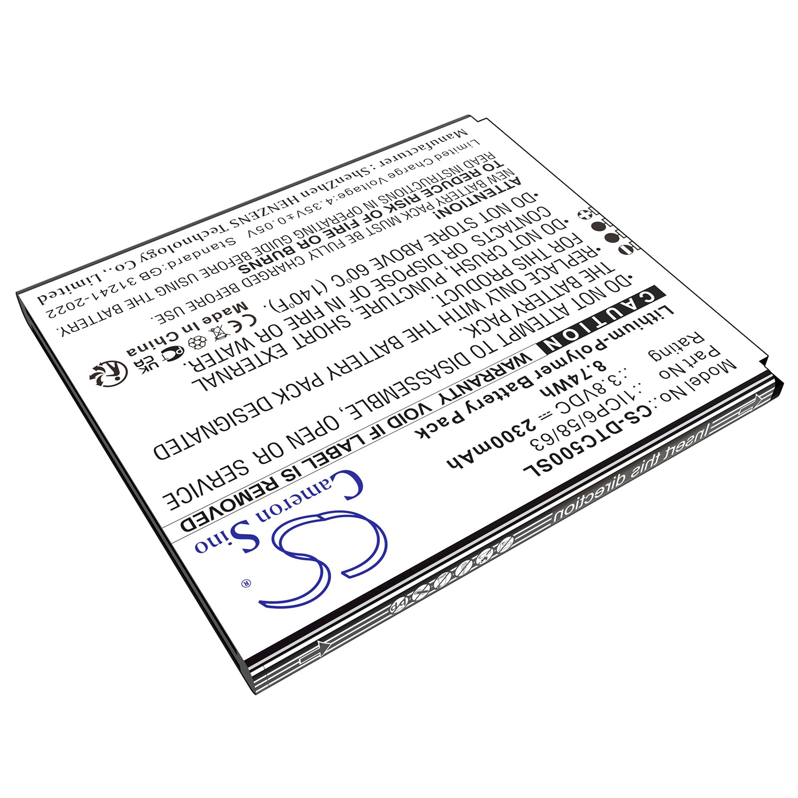 3.8V, Li-Polymer, 2300mAh, Battery fits DATECS BlueCase 50, BluePad 5500 Plus, 8.74Wh Portable Printer Cameron Sino Technology Limited