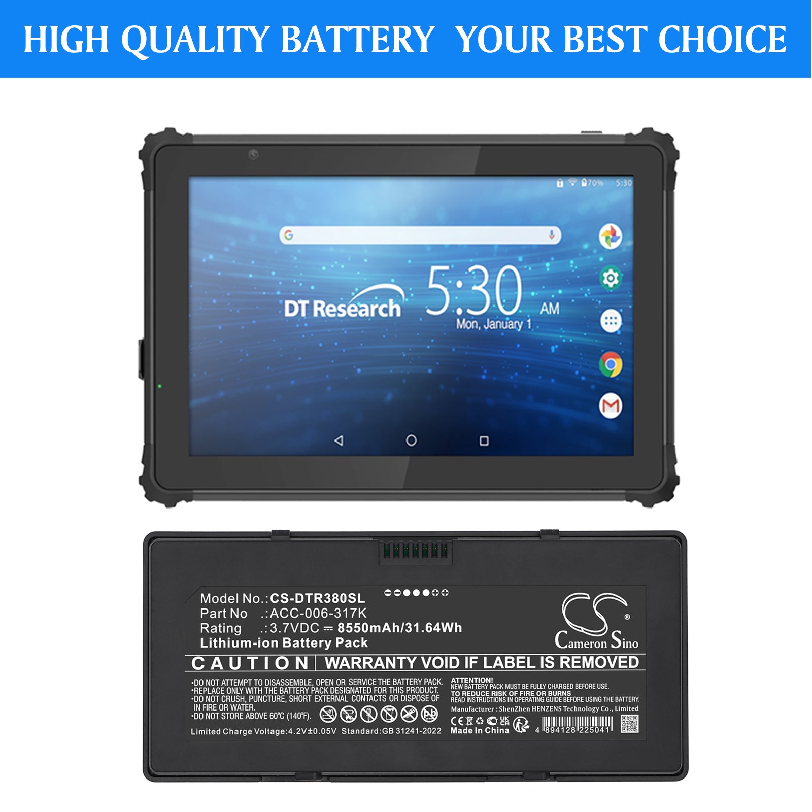 3.7V, Li-ion, 8550mAh, Battery fits DT Research DT380QE, DT380 | Oracle Micros Tablet 700, 31.64Wh Tablet Cameron Sino Technology Limited